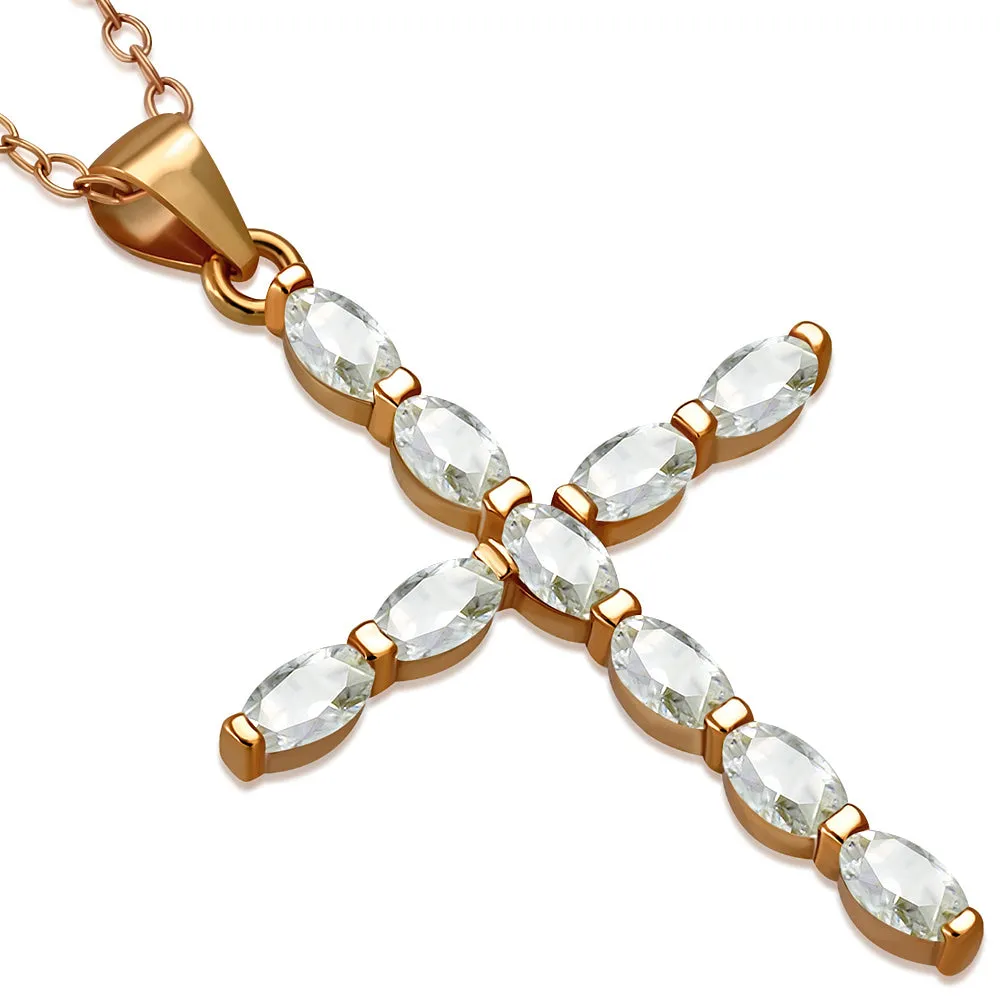 925 Sterling Silver Oval CZ Cross Religious Pendant Necklace, 18"