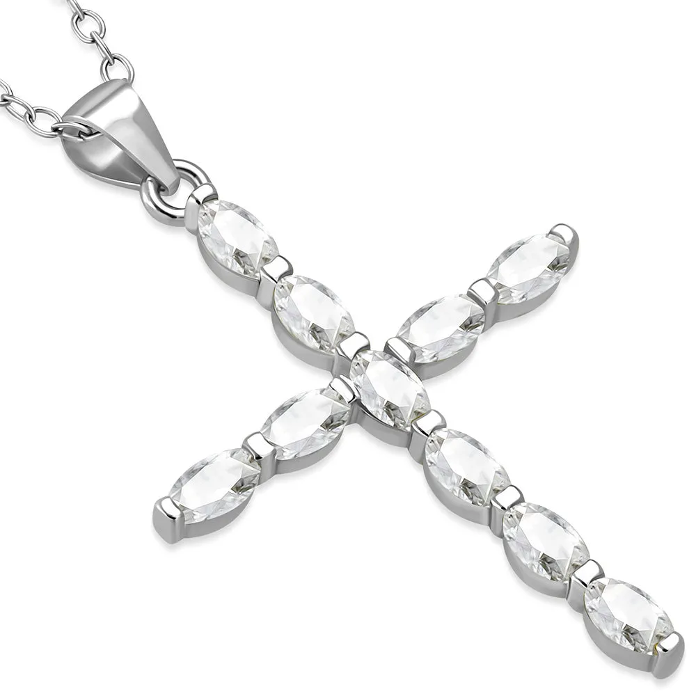 925 Sterling Silver Oval CZ Cross Religious Pendant Necklace, 18"