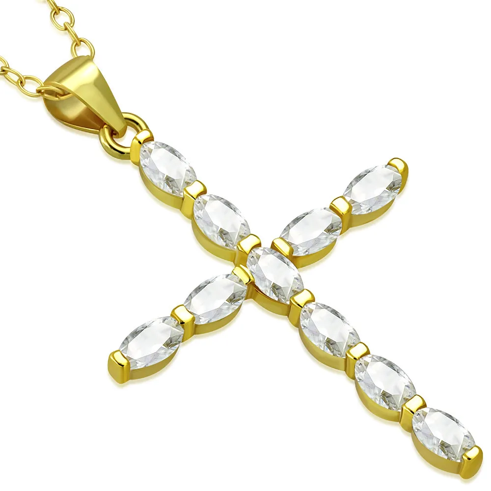 925 Sterling Silver Oval CZ Cross Religious Pendant Necklace, 18"