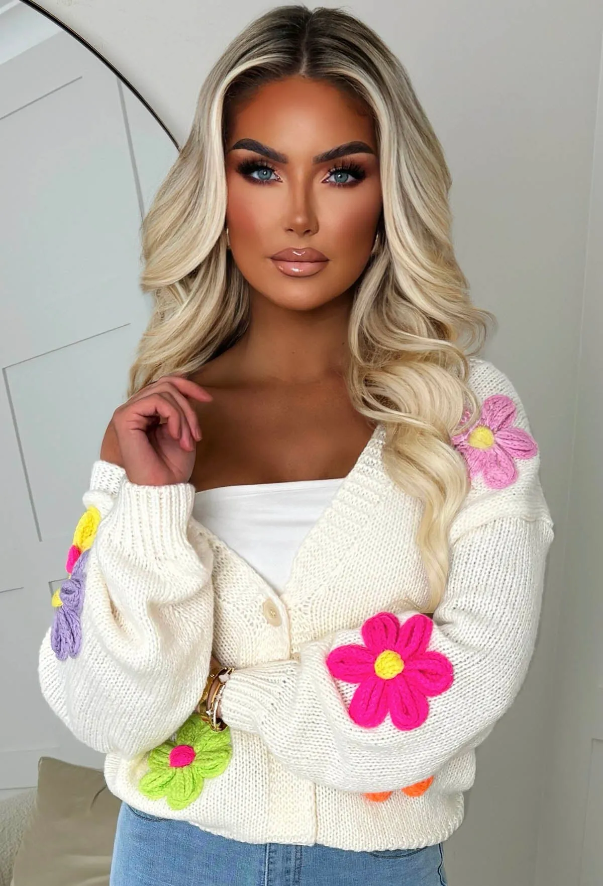 Beautiful Things Cream Flower Embroidered Cardigan