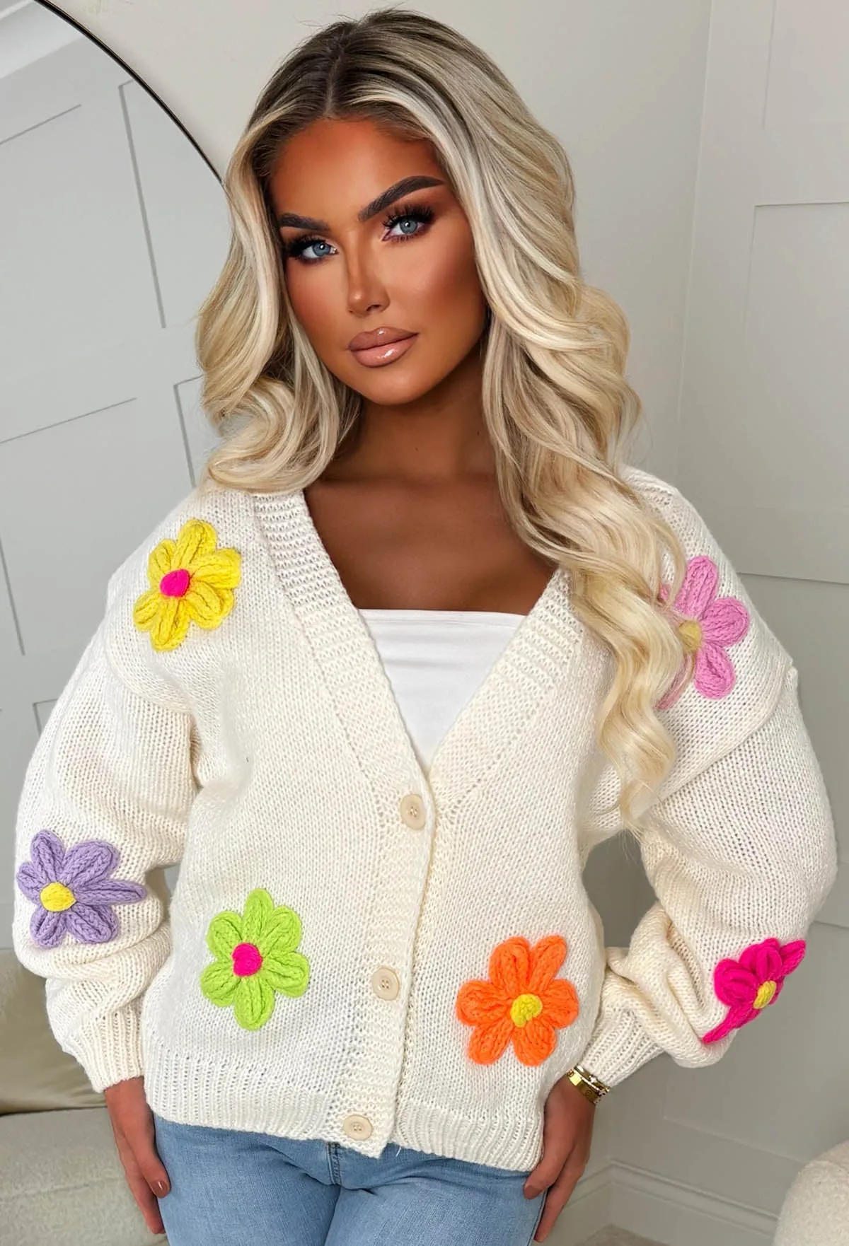 Beautiful Things Cream Flower Embroidered Cardigan
