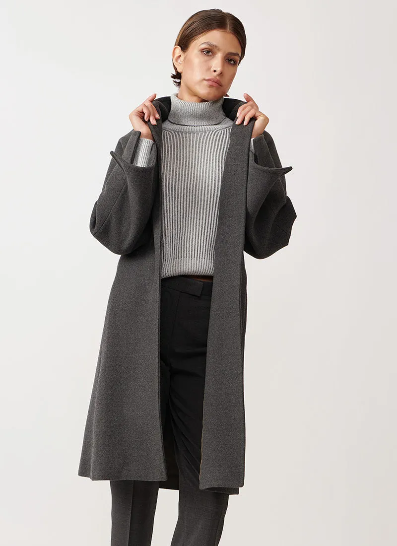 Belted Collarless Wool Coat