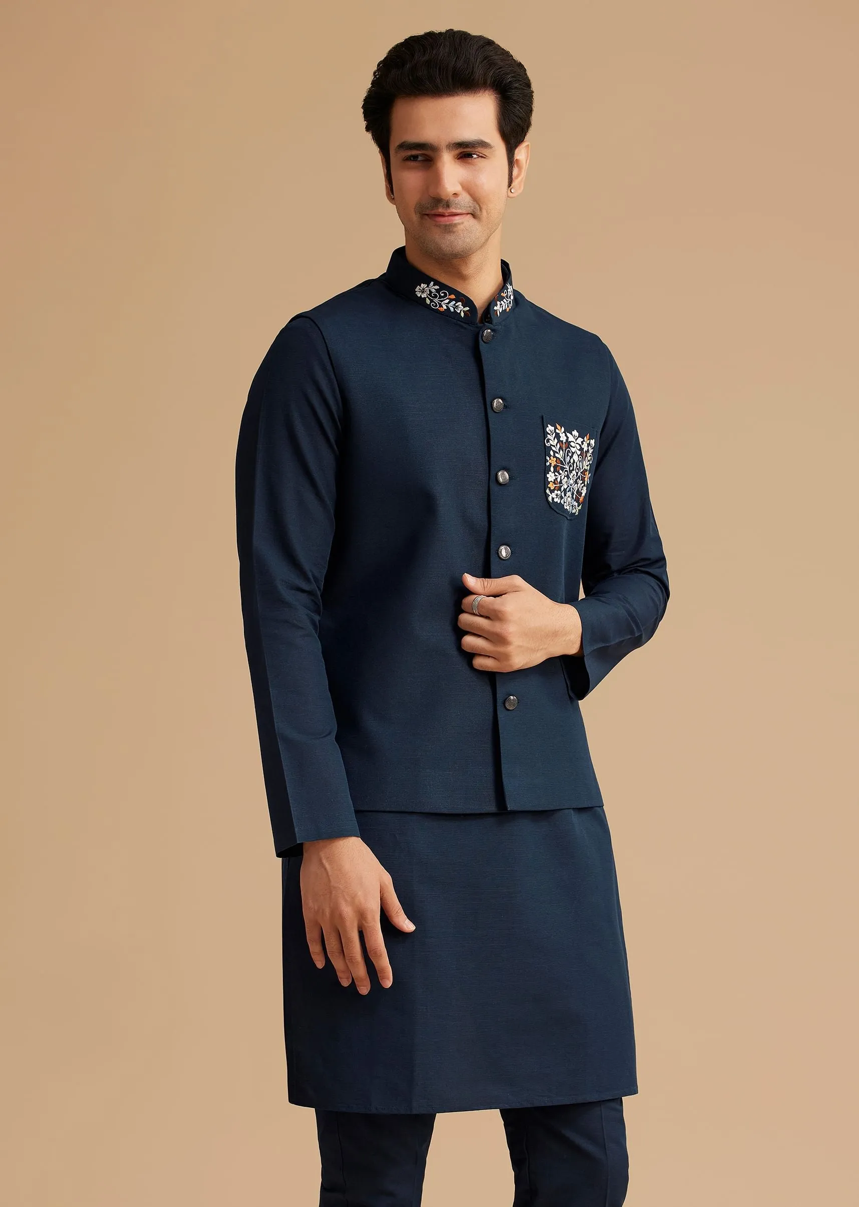 Blue Cotton Linen Kurta Jacket Set With Thread And Diamond Work