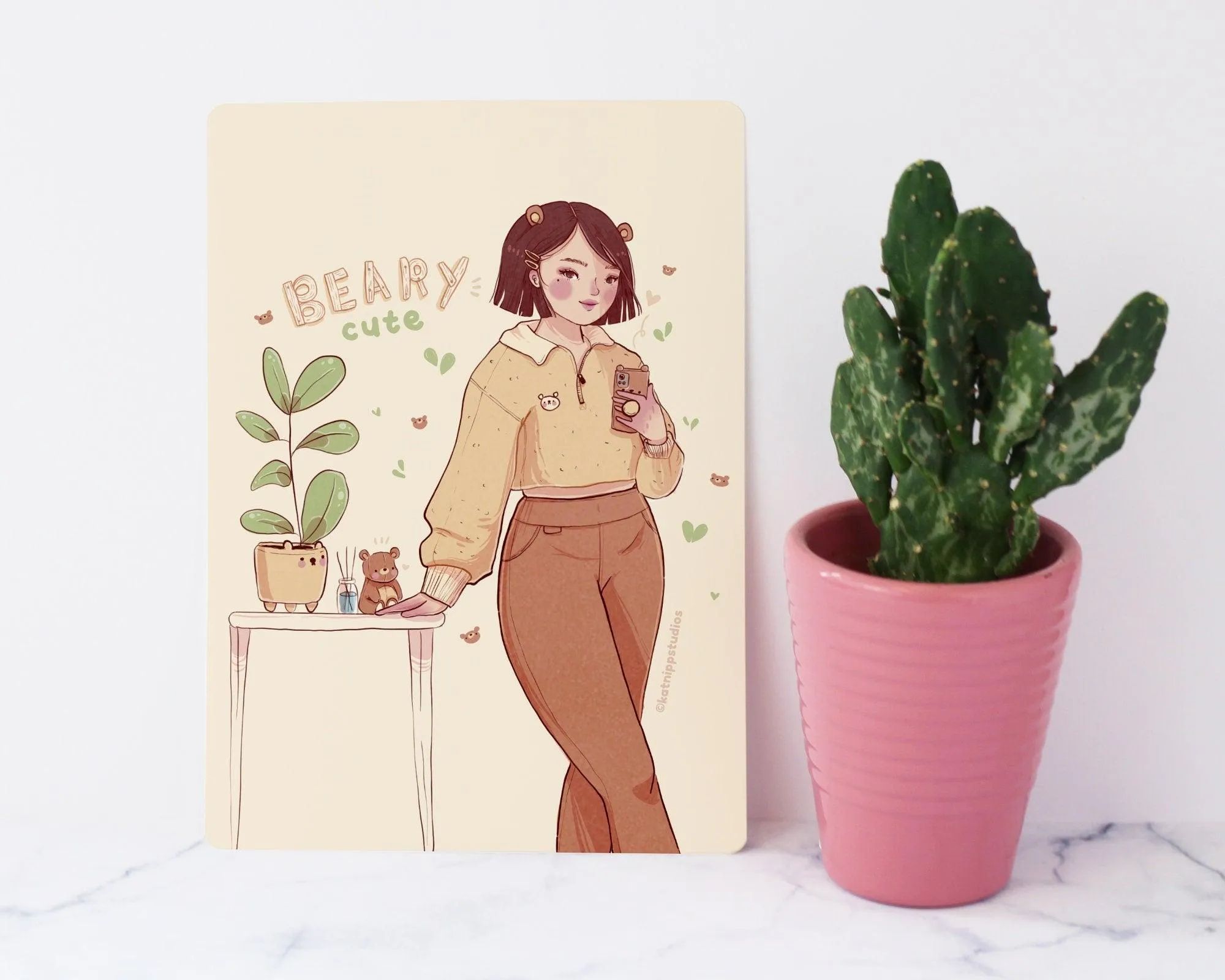 Cosy Bear Girl Art Print | Beary Cute Aesthetic Wall Decor | Soft Pastel Illustration for Home & Studio