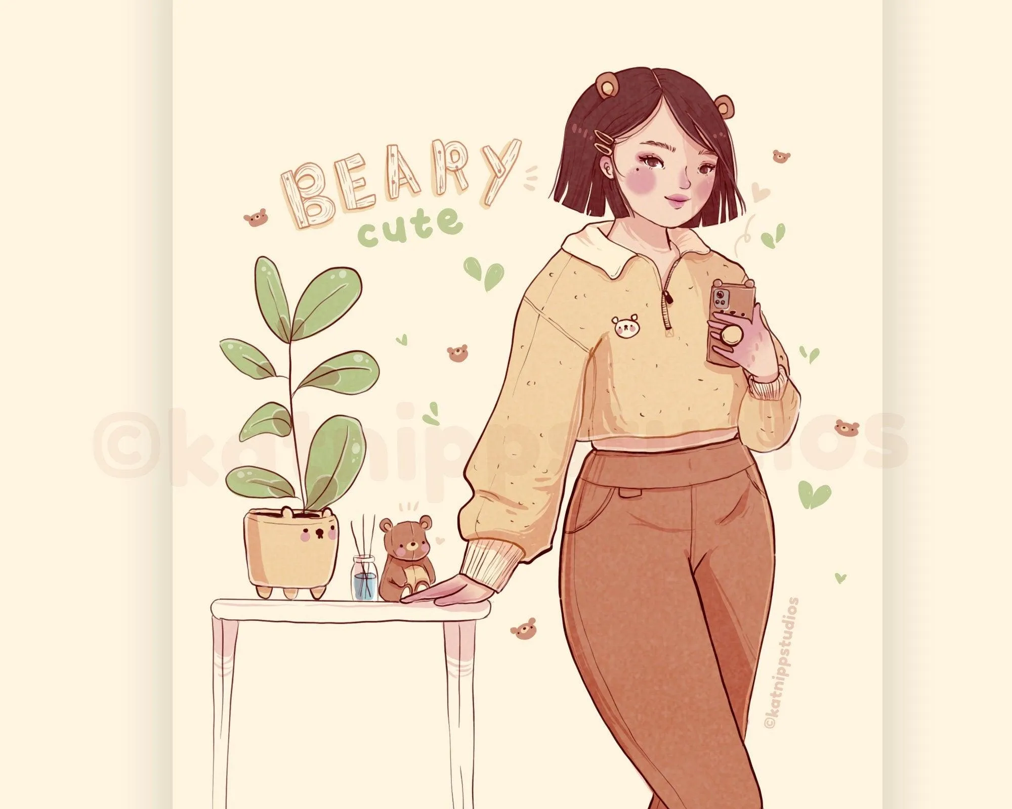 Cosy Bear Girl Art Print | Beary Cute Aesthetic Wall Decor | Soft Pastel Illustration for Home & Studio
