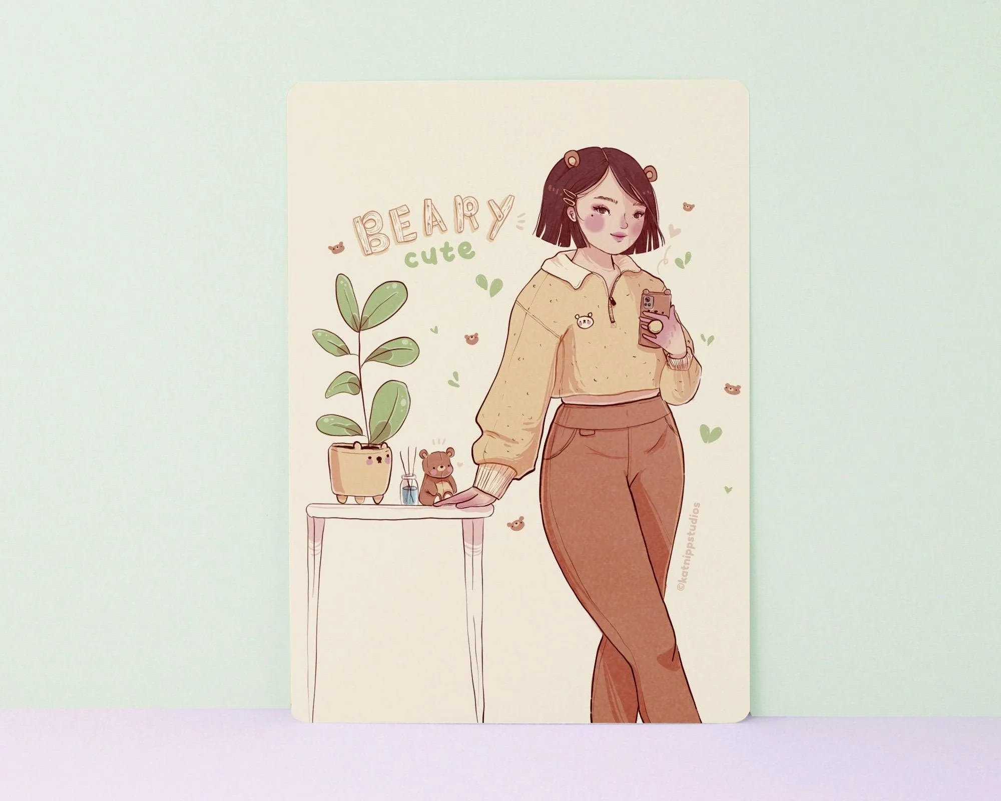 Cosy Bear Girl Art Print | Beary Cute Aesthetic Wall Decor | Soft Pastel Illustration for Home & Studio