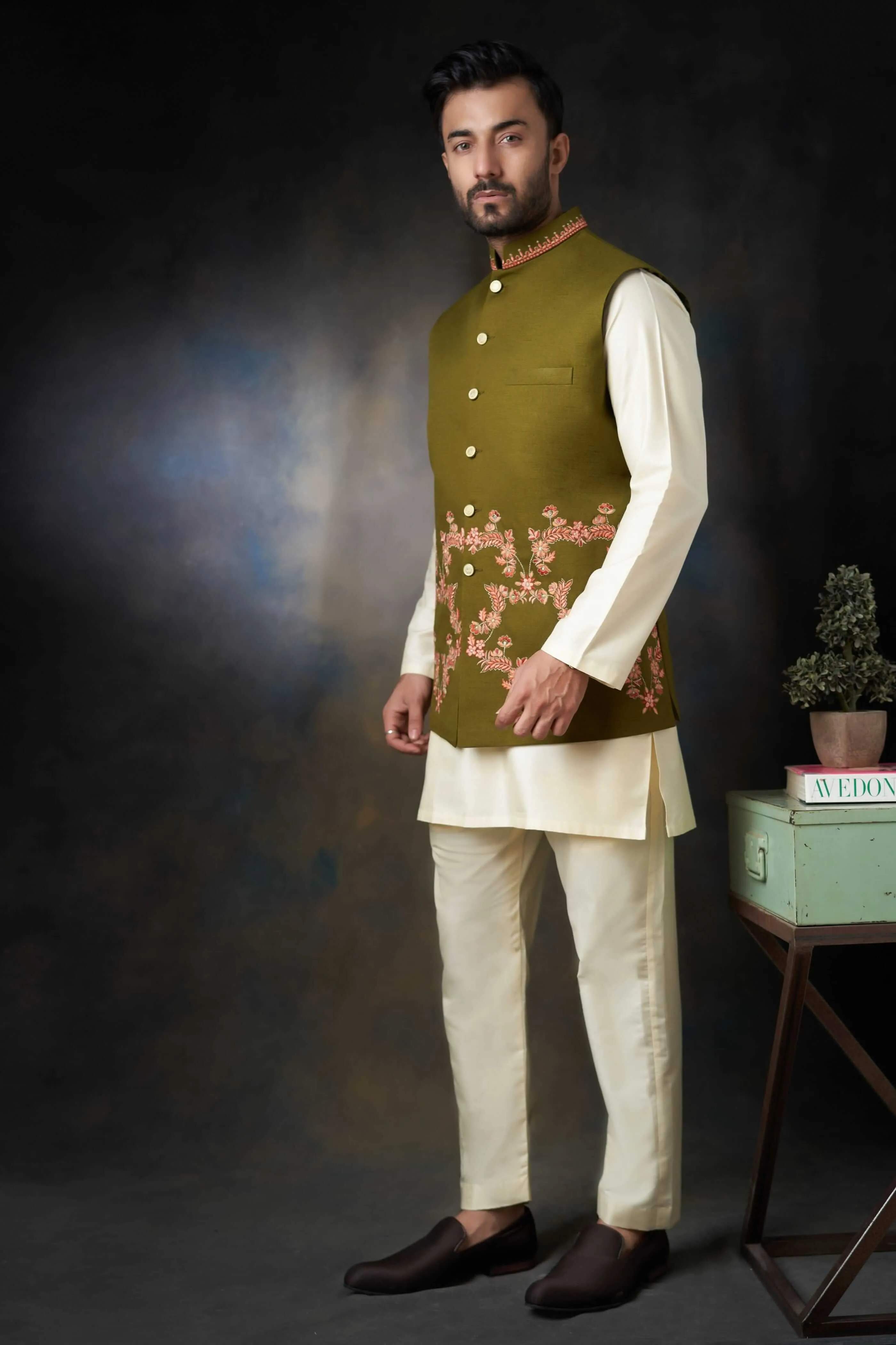 Dark Olive Green Handcrafted Embroidered Waistcoat