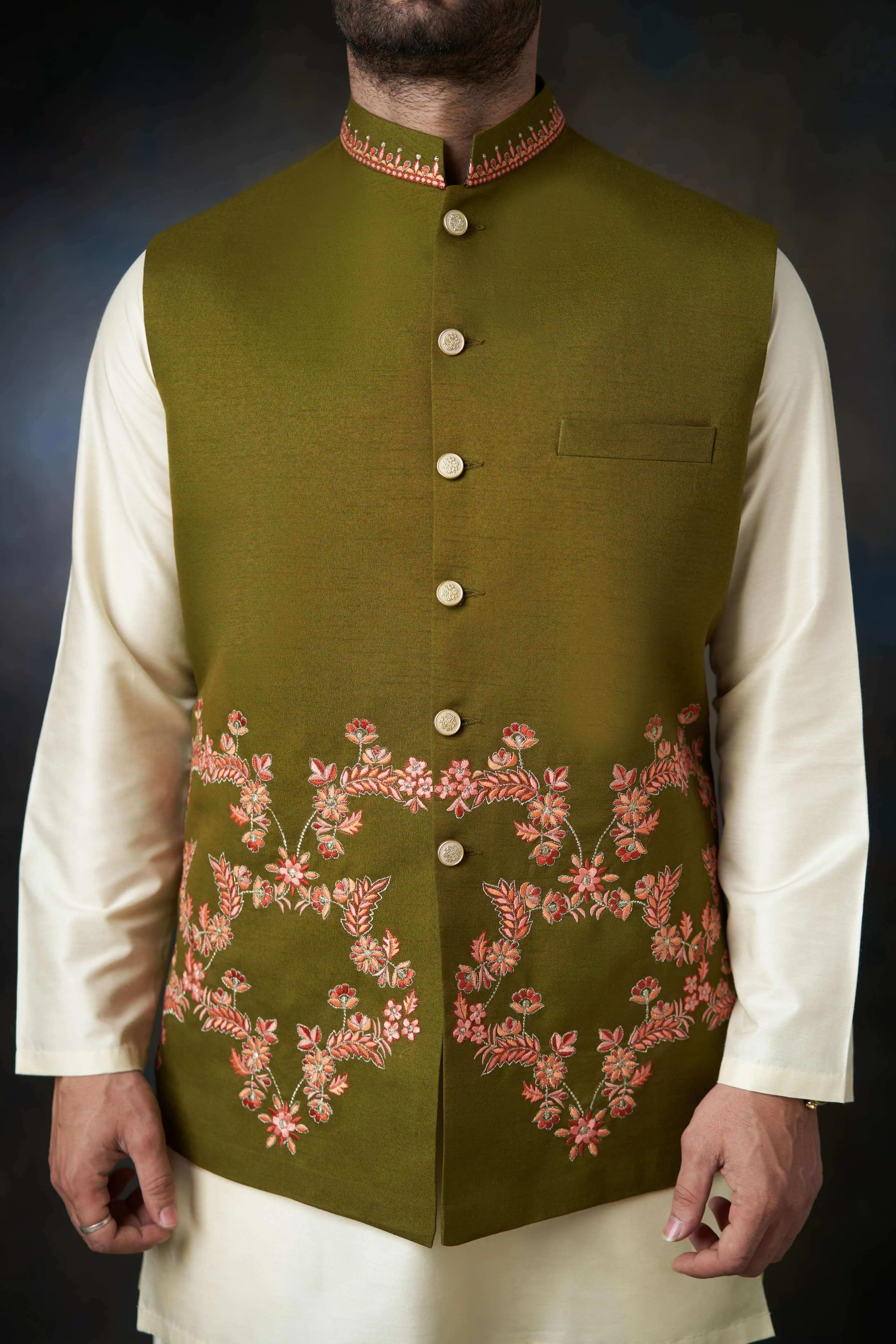 Dark Olive Green Handcrafted Embroidered Waistcoat