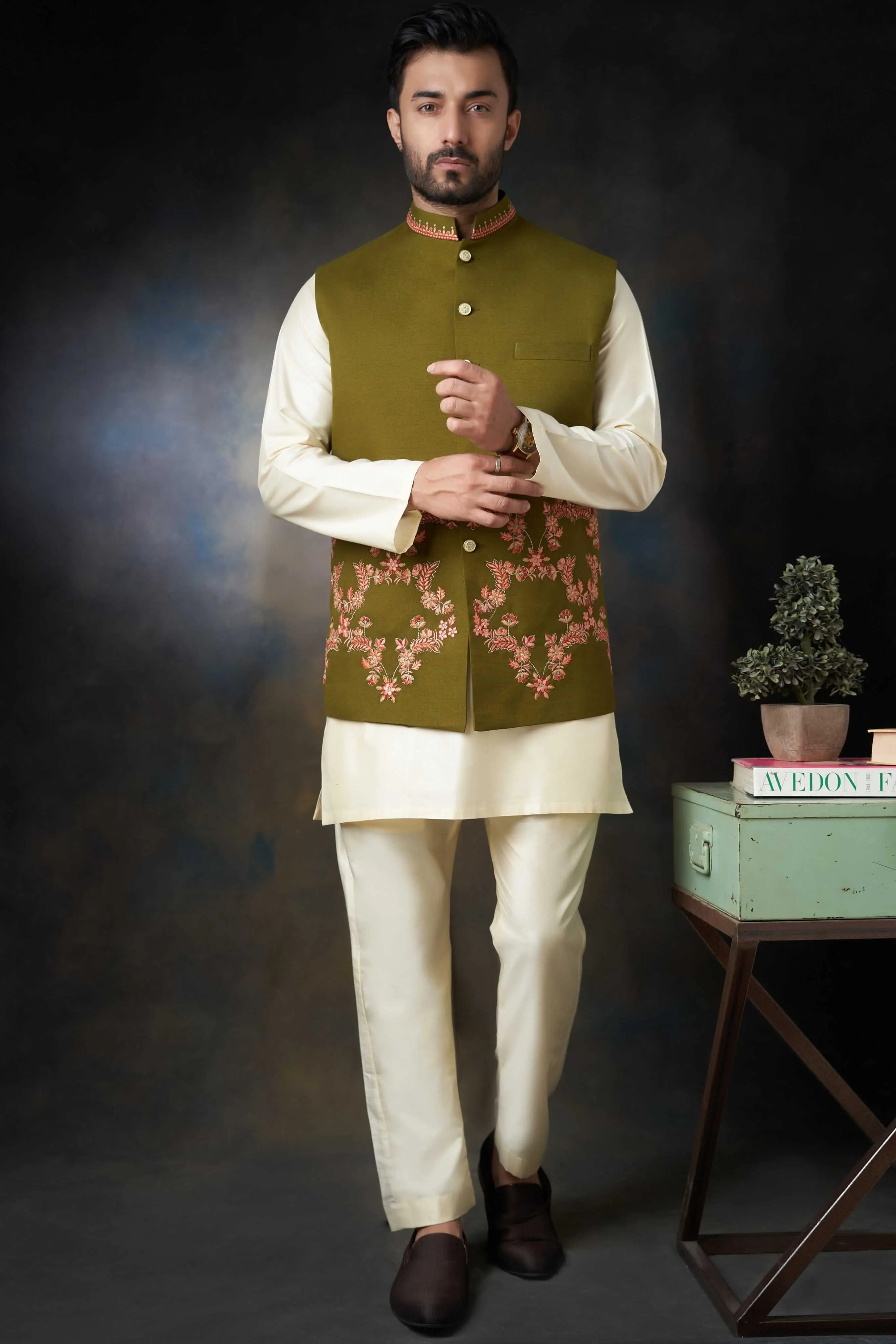 Dark Olive Green Handcrafted Embroidered Waistcoat