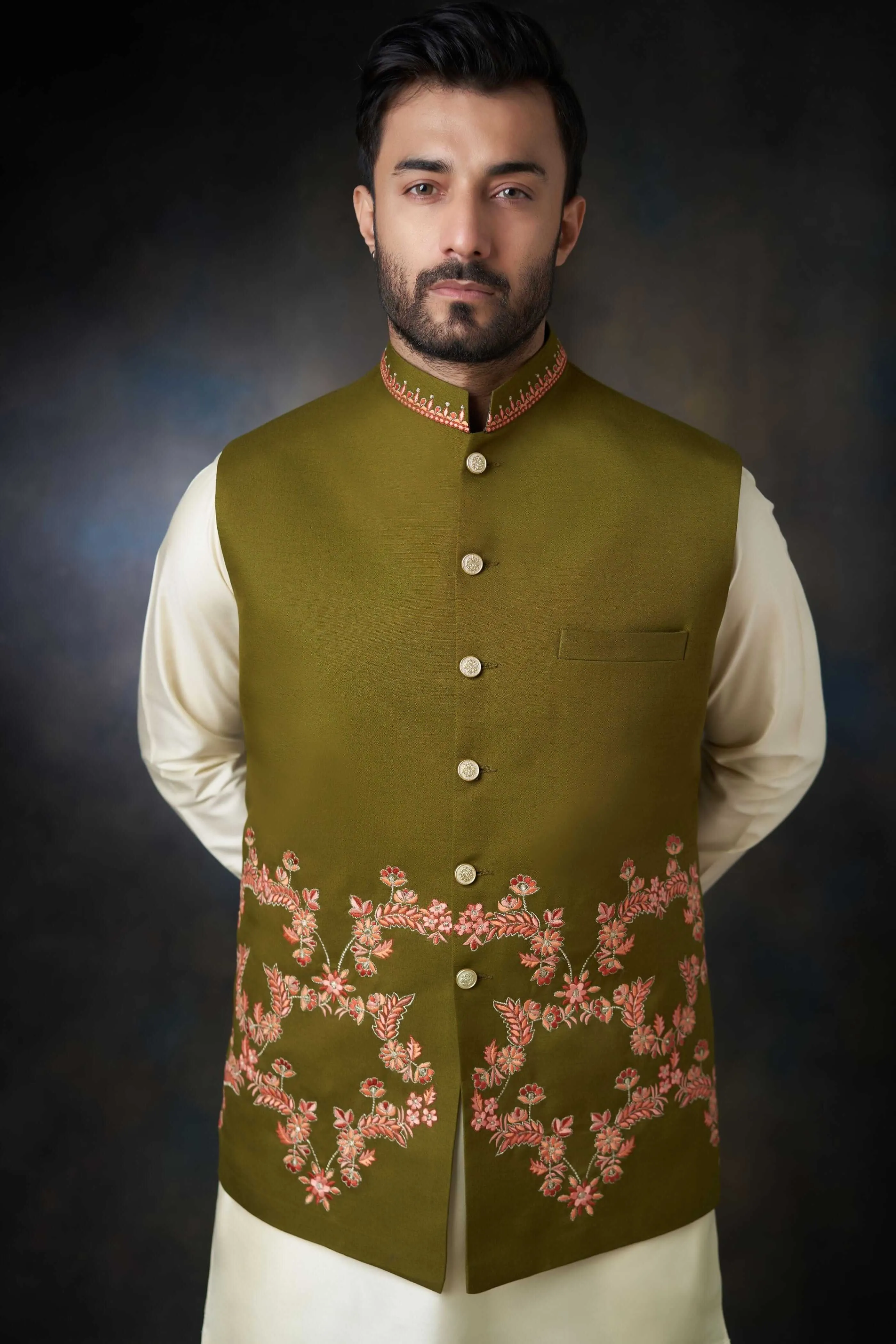 Dark Olive Green Handcrafted Embroidered Waistcoat