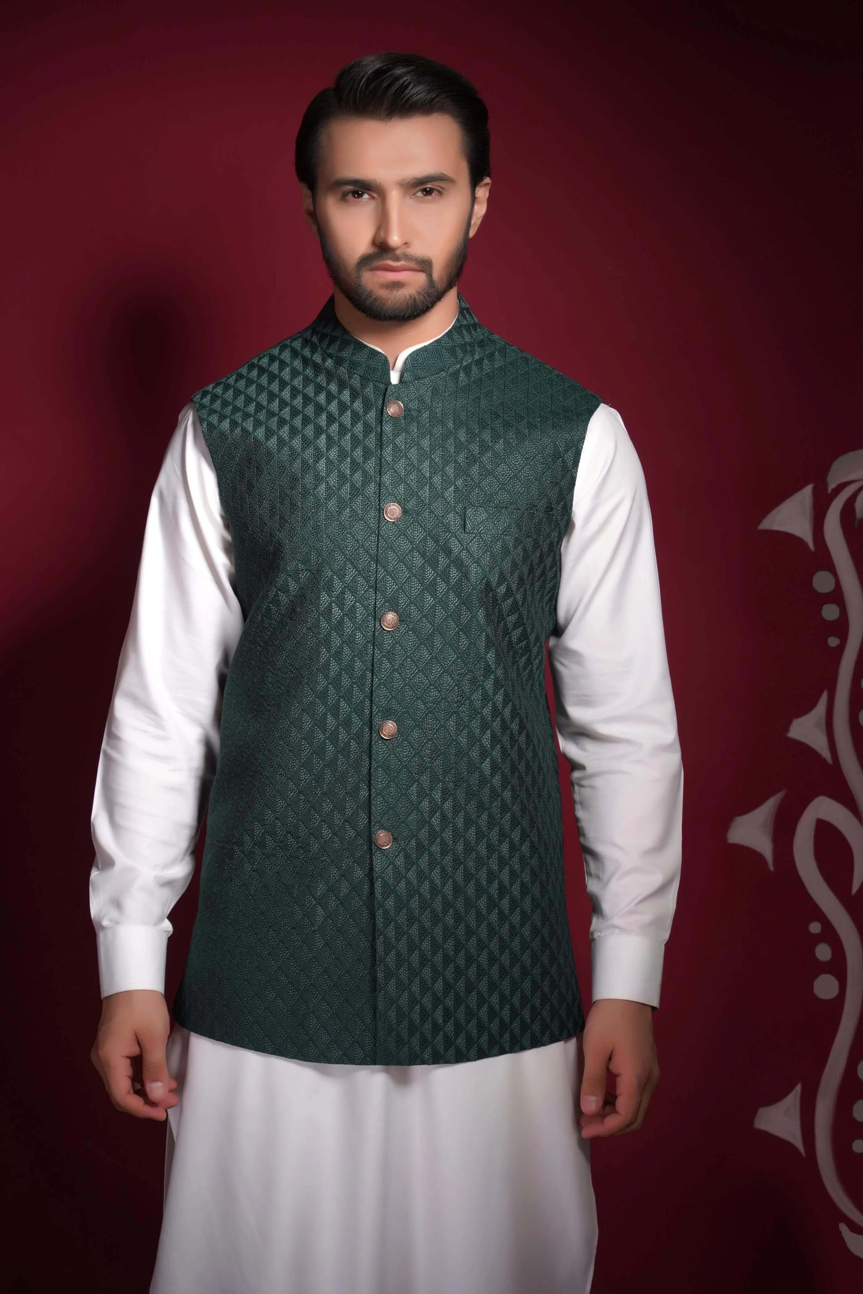 Emerald Green Diamond Texture Waistcoat Kurta Set.