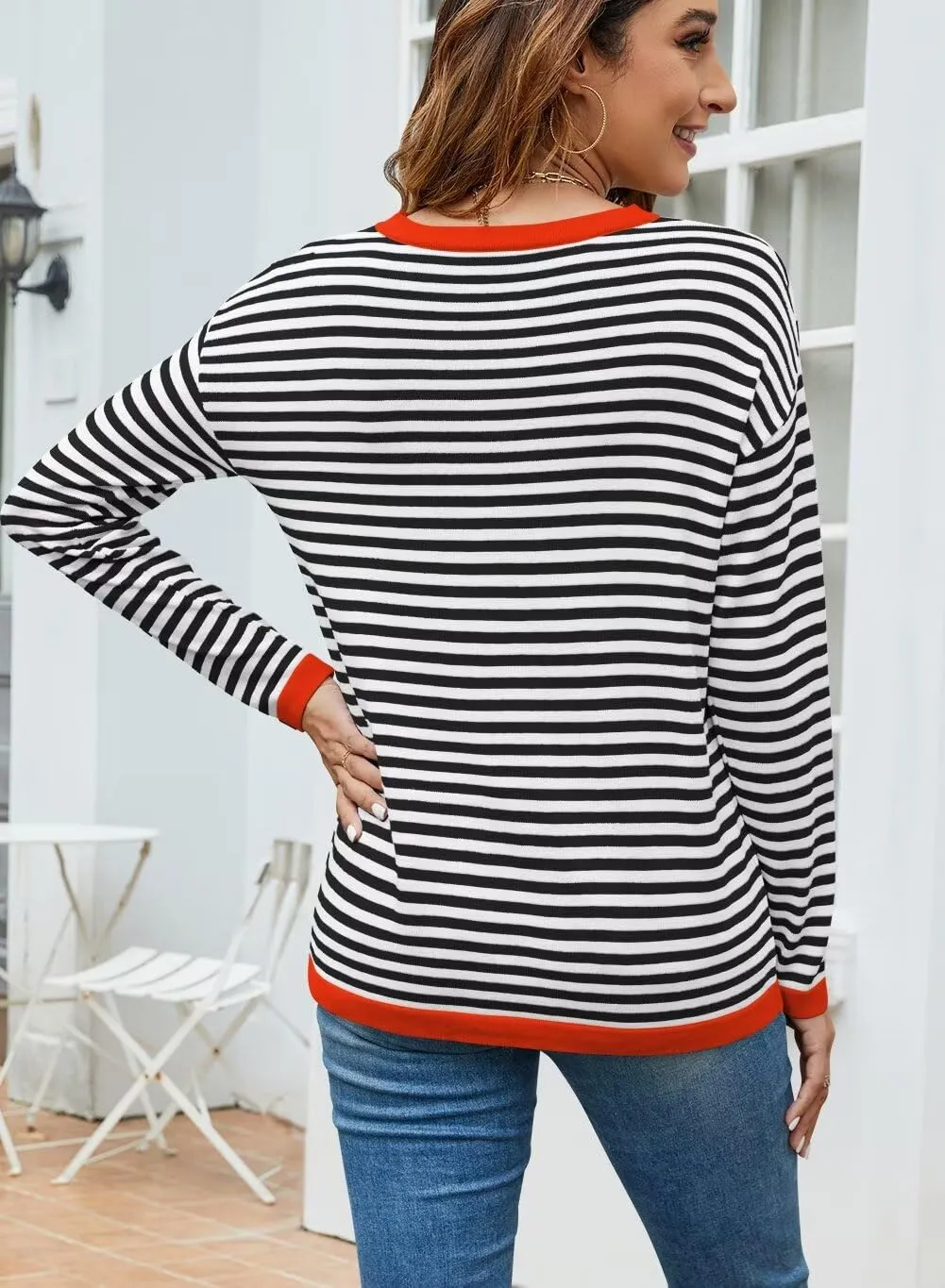 FEKOAFE Women's 2025 Cute Striped Sweaters Crew Neck Long Sleeve Pullover Sweaters for Women