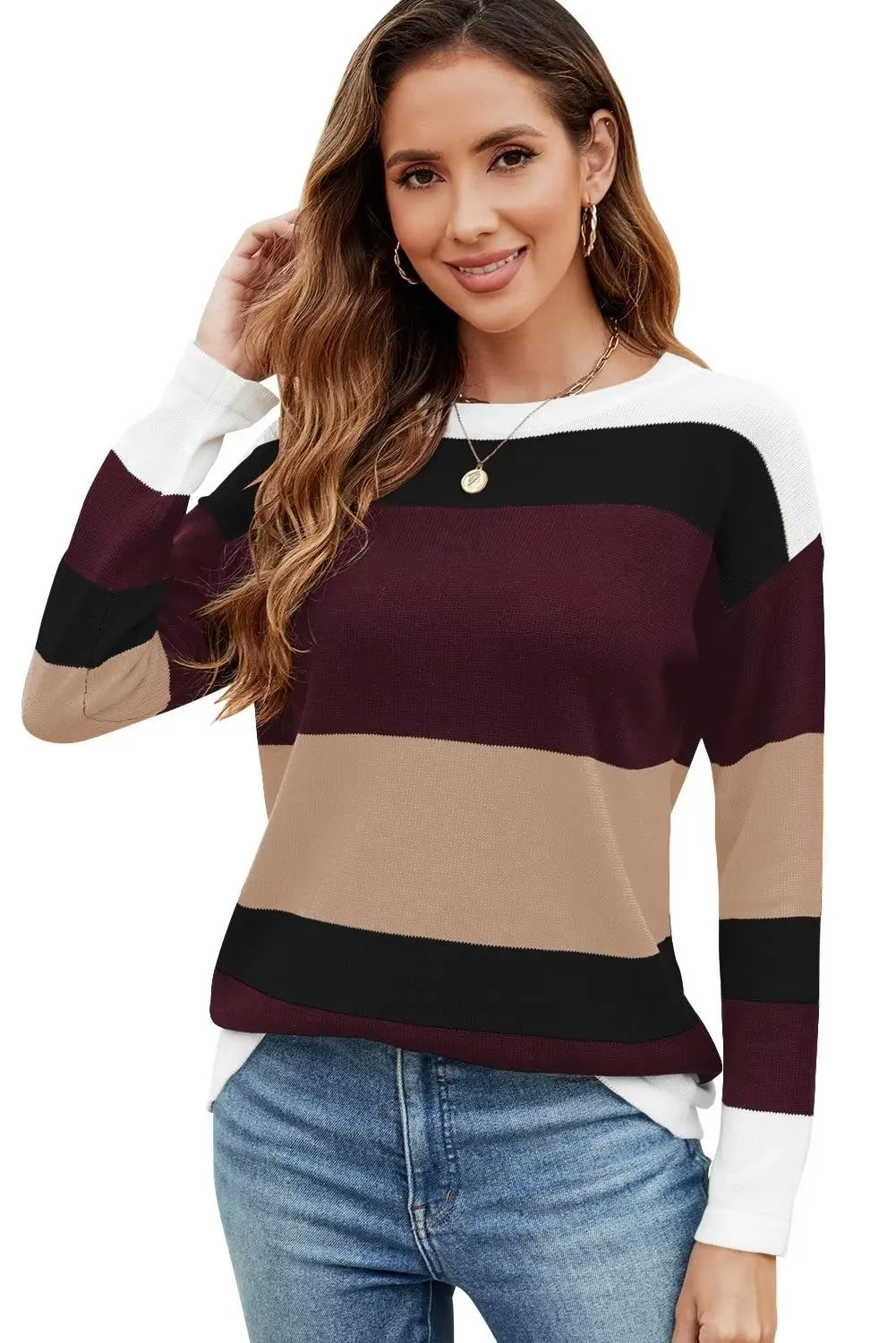 FEKOAFE Women's 2025 Cute Striped Sweaters Crew Neck Long Sleeve Pullover Sweaters for Women