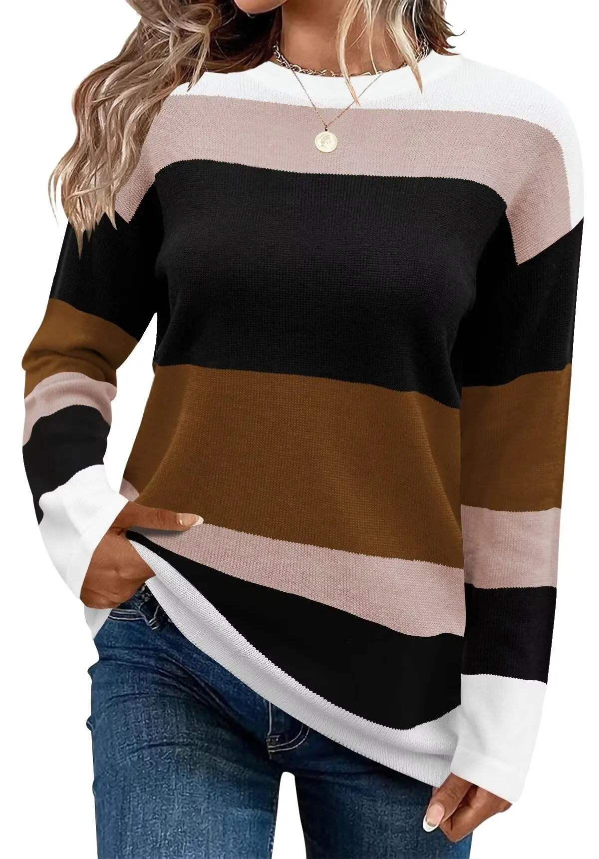 FEKOAFE Women's 2025 Cute Striped Sweaters Crew Neck Long Sleeve Pullover Sweaters for Women