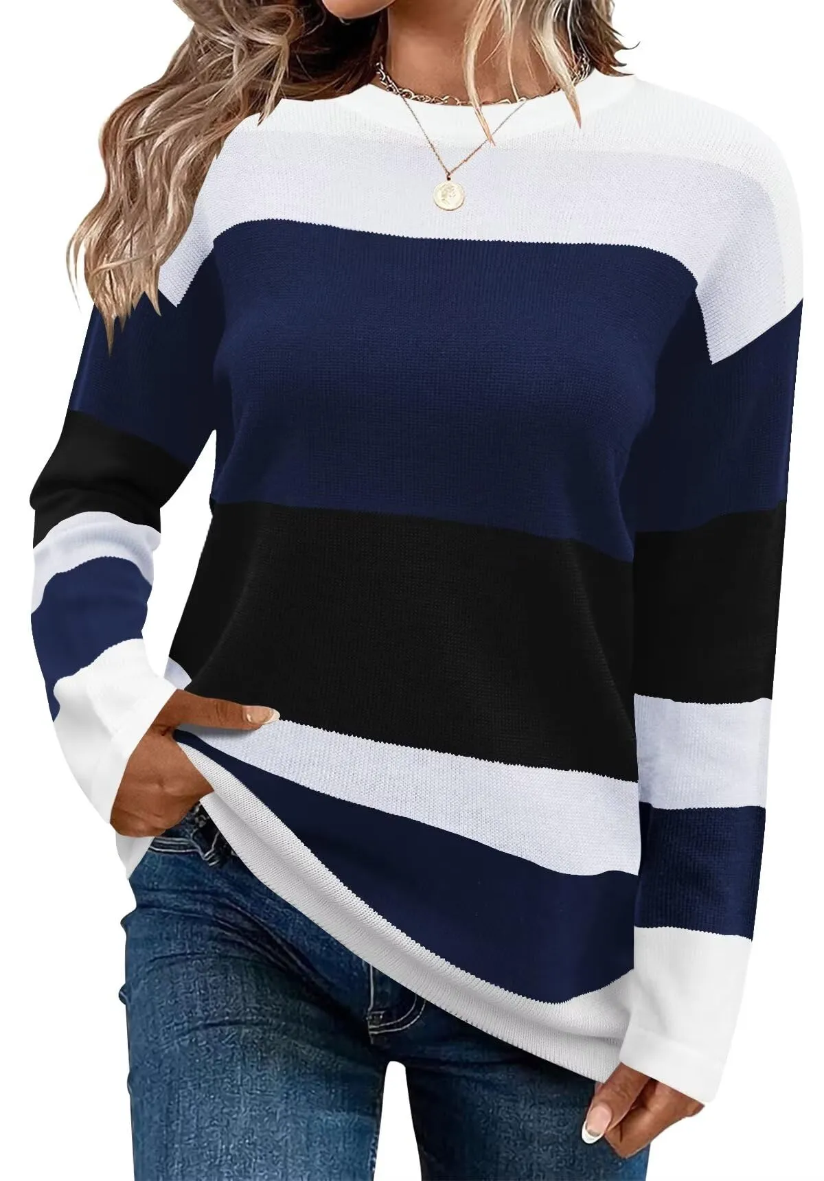 FEKOAFE Women's 2025 Cute Striped Sweaters Crew Neck Long Sleeve Pullover Sweaters for Women