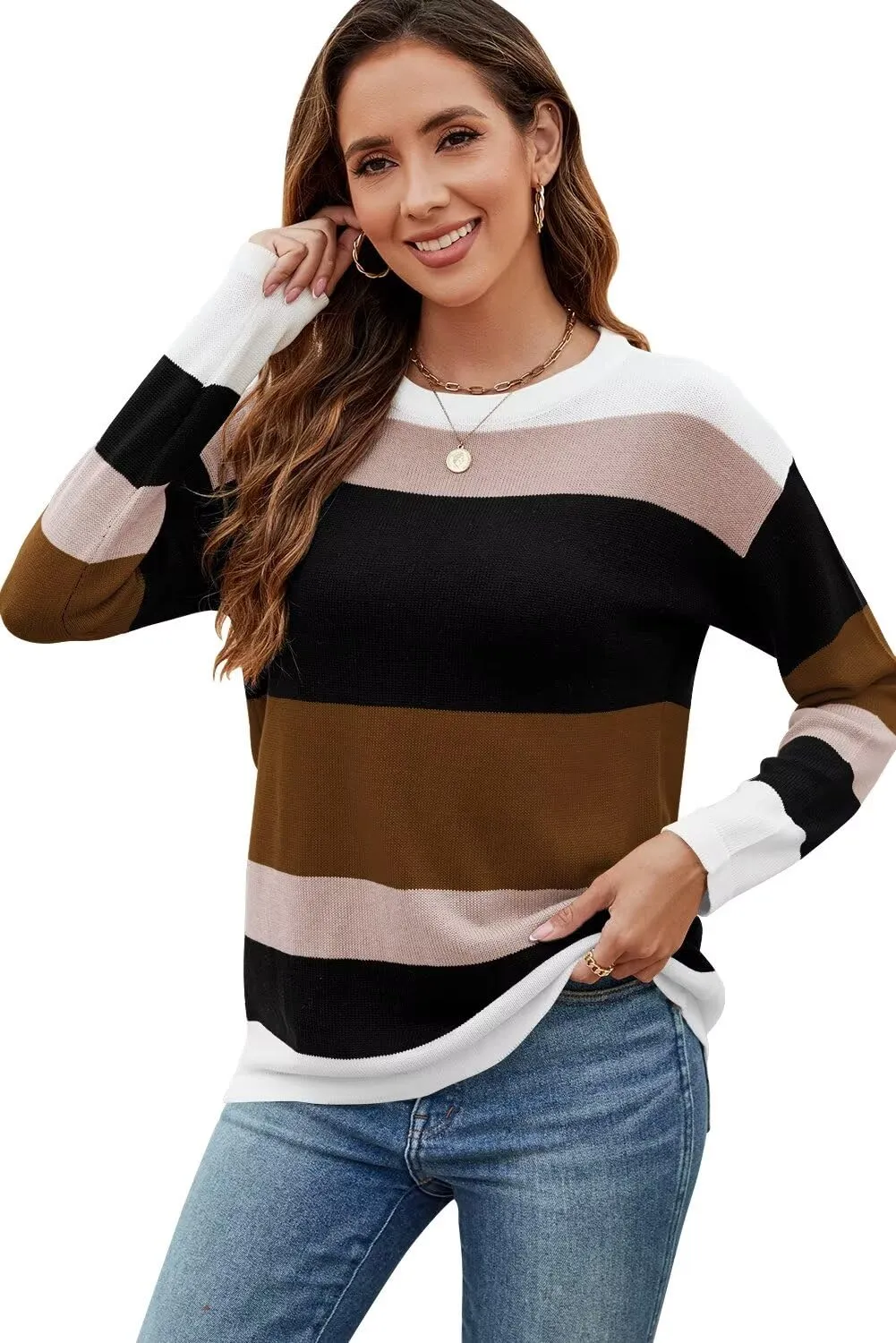 FEKOAFE Women's 2025 Cute Striped Sweaters Crew Neck Long Sleeve Pullover Sweaters for Women