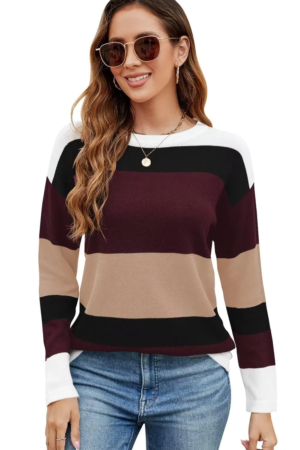 FEKOAFE Women's 2025 Cute Striped Sweaters Crew Neck Long Sleeve Pullover Sweaters for Women