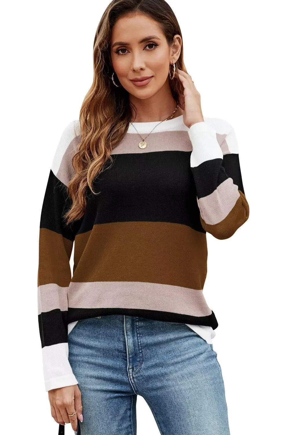 FEKOAFE Women's 2025 Cute Striped Sweaters Crew Neck Long Sleeve Pullover Sweaters for Women