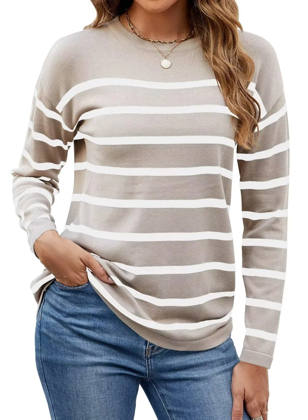 FEKOAFE Women's 2025 Cute Striped Sweaters Crew Neck Long Sleeve Pullover Sweaters for Women