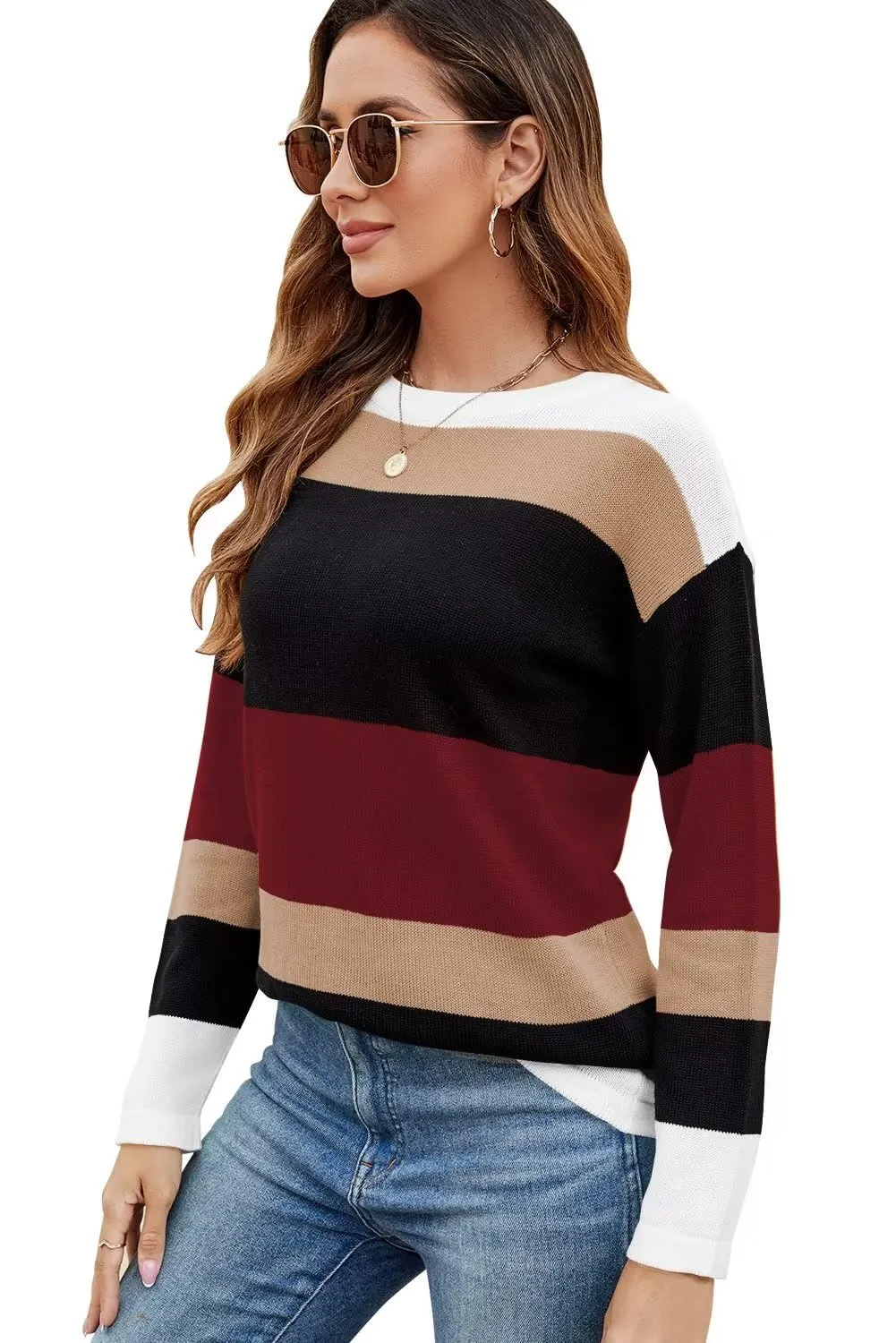 FEKOAFE Women's 2025 Cute Striped Sweaters Crew Neck Long Sleeve Pullover Sweaters for Women
