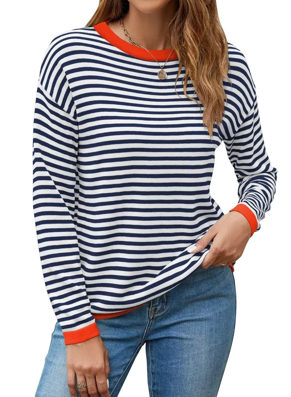 FEKOAFE Women's 2025 Cute Striped Sweaters Crew Neck Long Sleeve Pullover Sweaters for Women