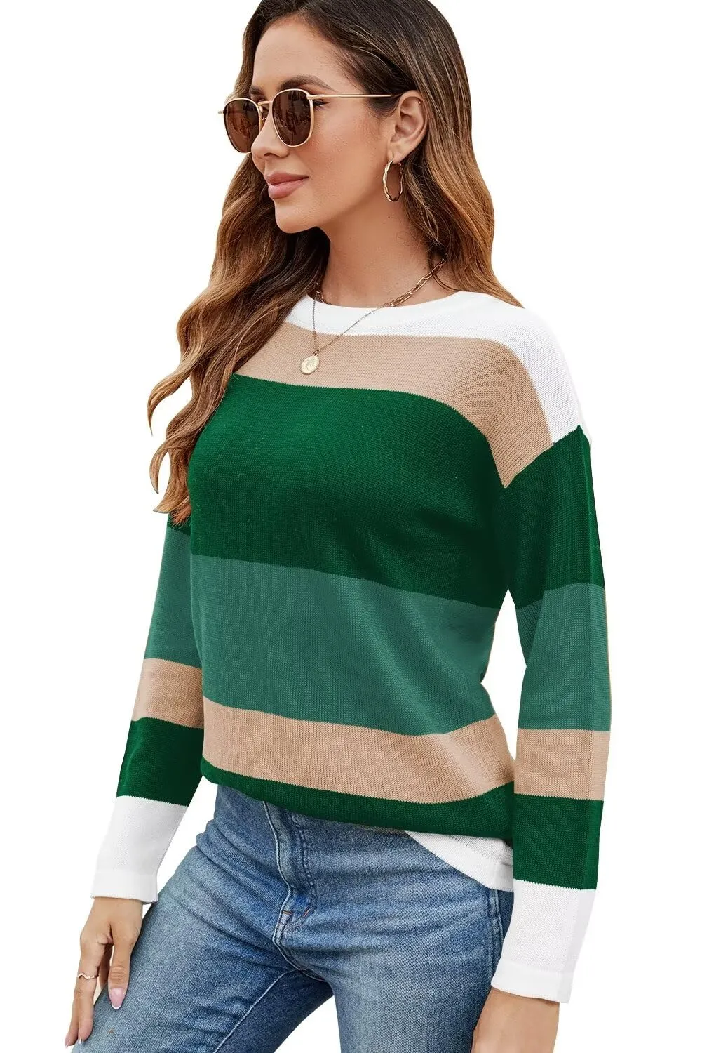 FEKOAFE Women's 2025 Cute Striped Sweaters Crew Neck Long Sleeve Pullover Sweaters for Women