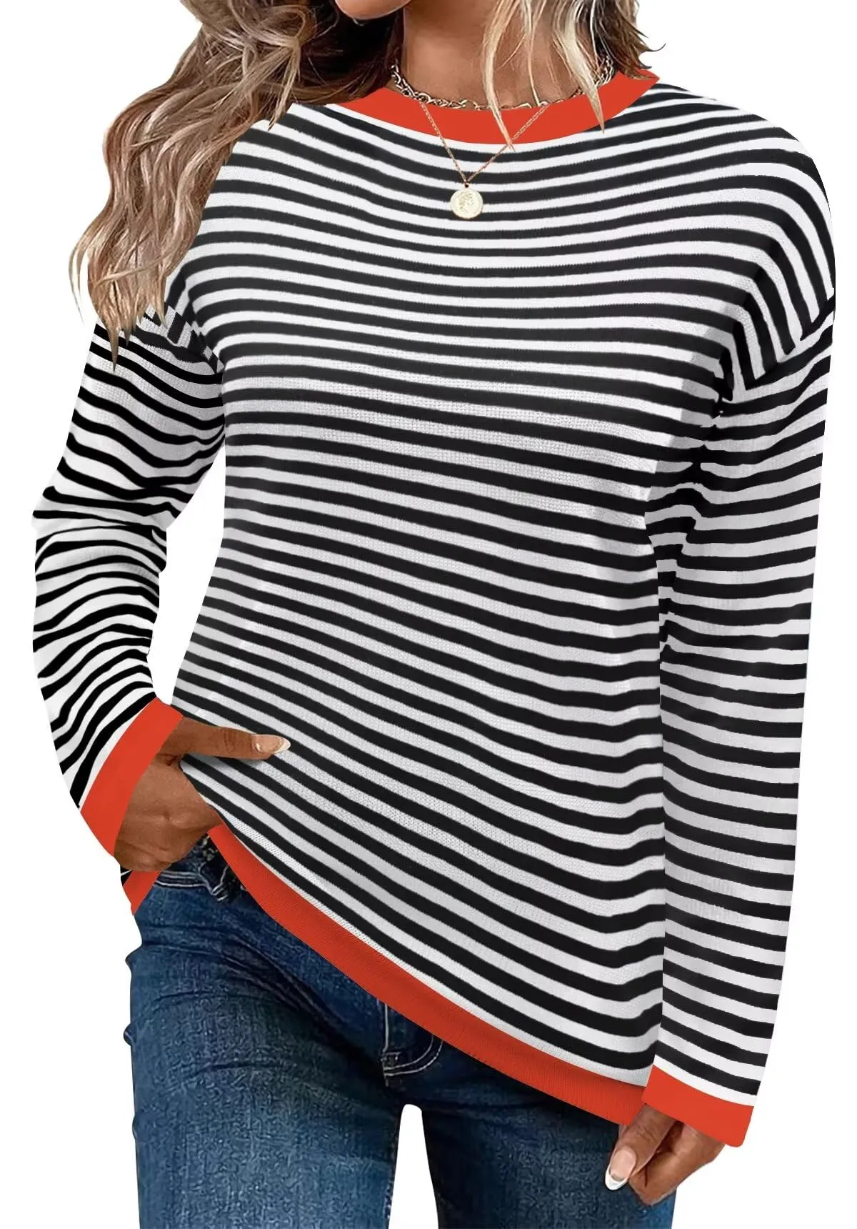 FEKOAFE Women's 2025 Cute Striped Sweaters Crew Neck Long Sleeve Pullover Sweaters for Women