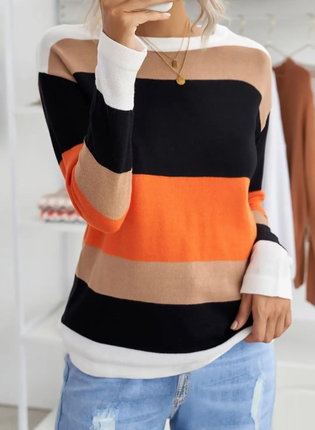 FEKOAFE Women's 2025 Cute Striped Sweaters Crew Neck Long Sleeve Pullover Sweaters for Women