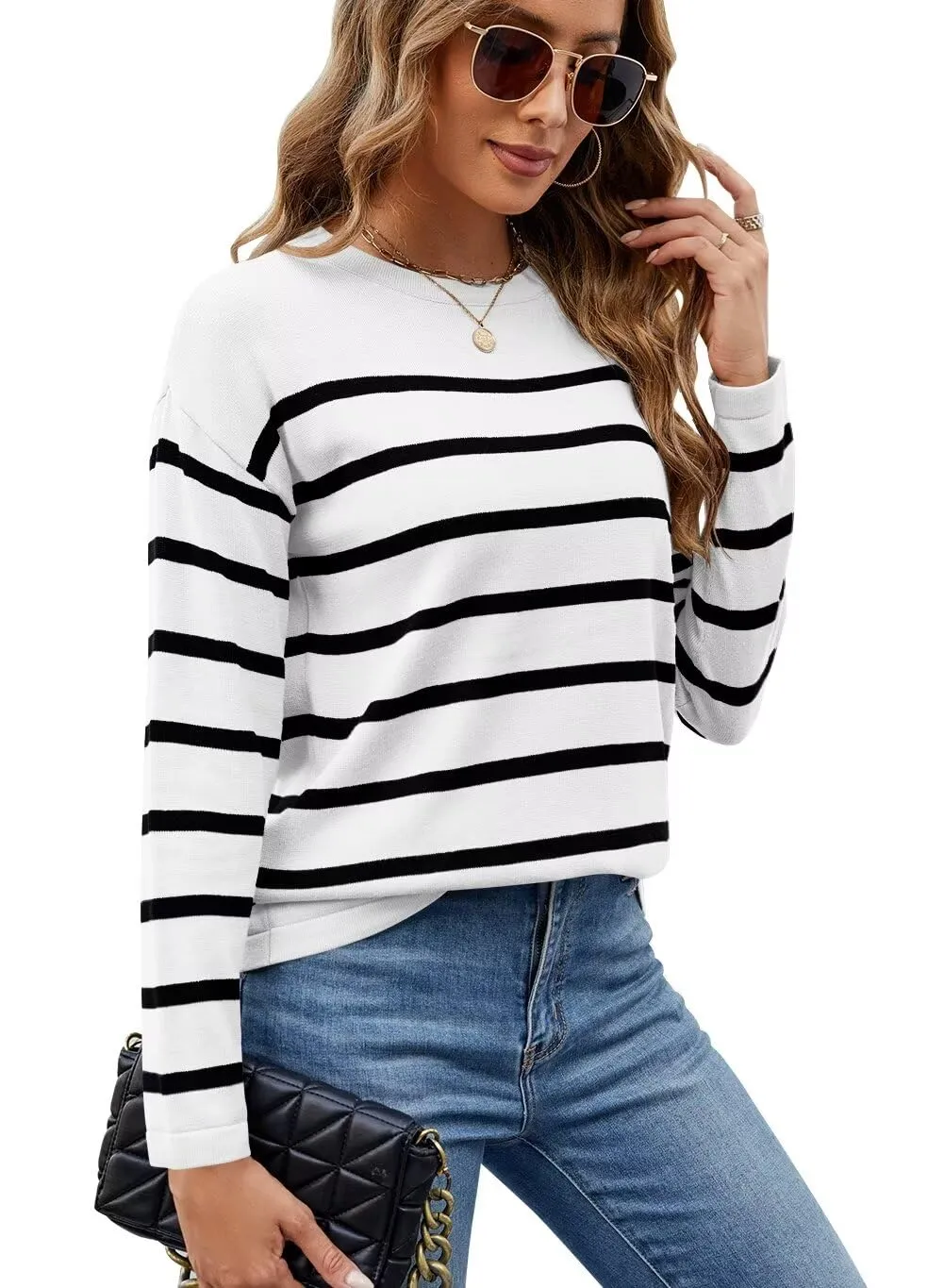 FEKOAFE Women's 2025 Cute Striped Sweaters Crew Neck Long Sleeve Pullover Sweaters for Women