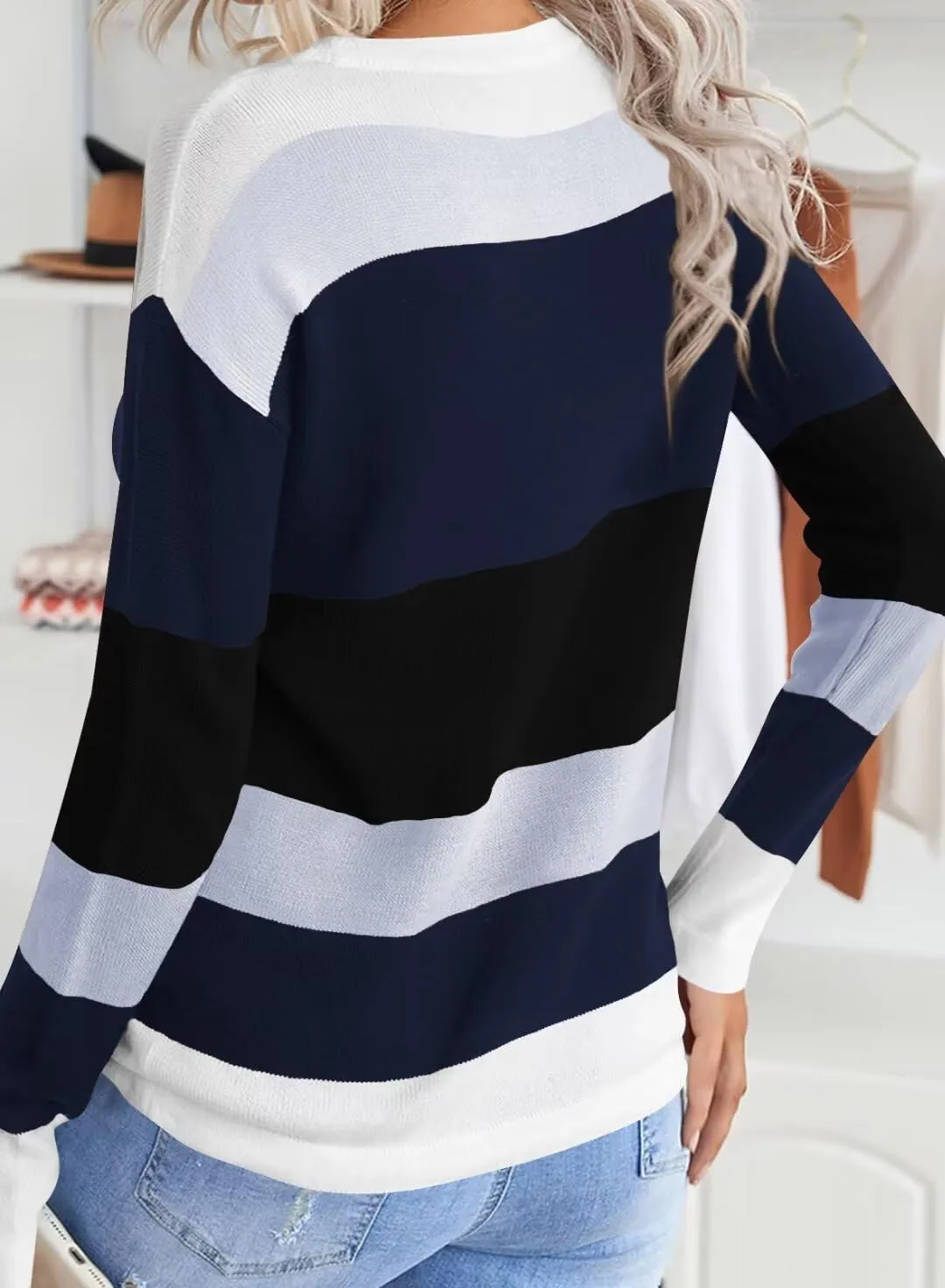 FEKOAFE Women's 2025 Cute Striped Sweaters Crew Neck Long Sleeve Pullover Sweaters for Women