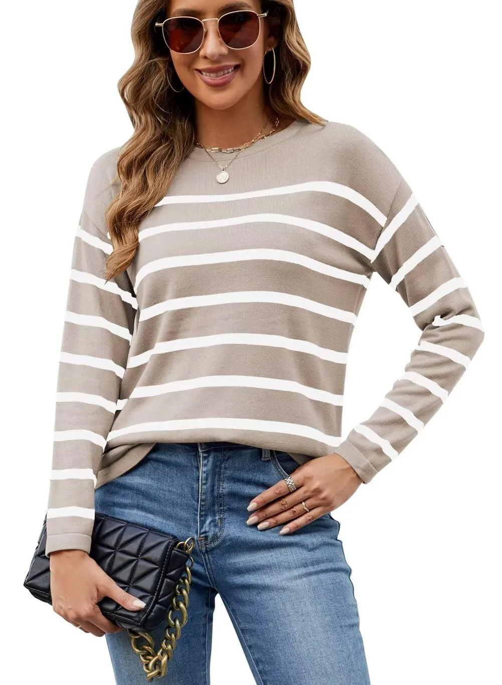 FEKOAFE Women's 2025 Cute Striped Sweaters Crew Neck Long Sleeve Pullover Sweaters for Women