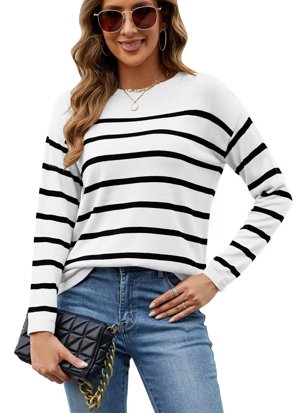 FEKOAFE Women's 2025 Cute Striped Sweaters Crew Neck Long Sleeve Pullover Sweaters for Women