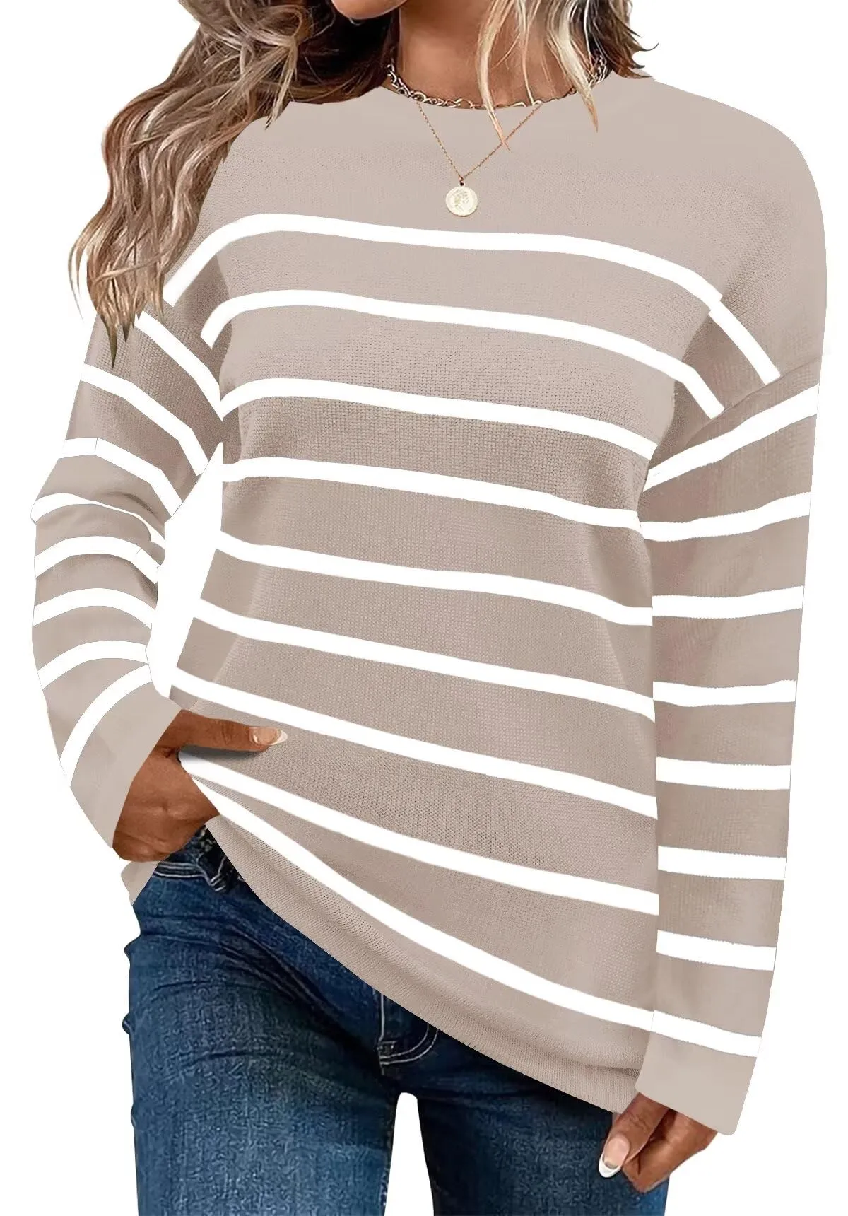 FEKOAFE Women's 2025 Cute Striped Sweaters Crew Neck Long Sleeve Pullover Sweaters for Women