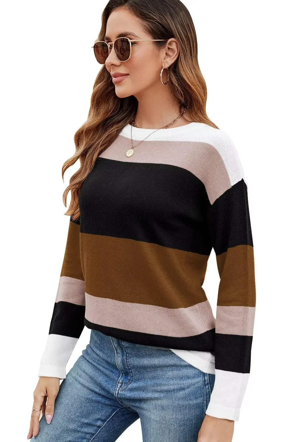 FEKOAFE Women's 2025 Cute Striped Sweaters Crew Neck Long Sleeve Pullover Sweaters for Women