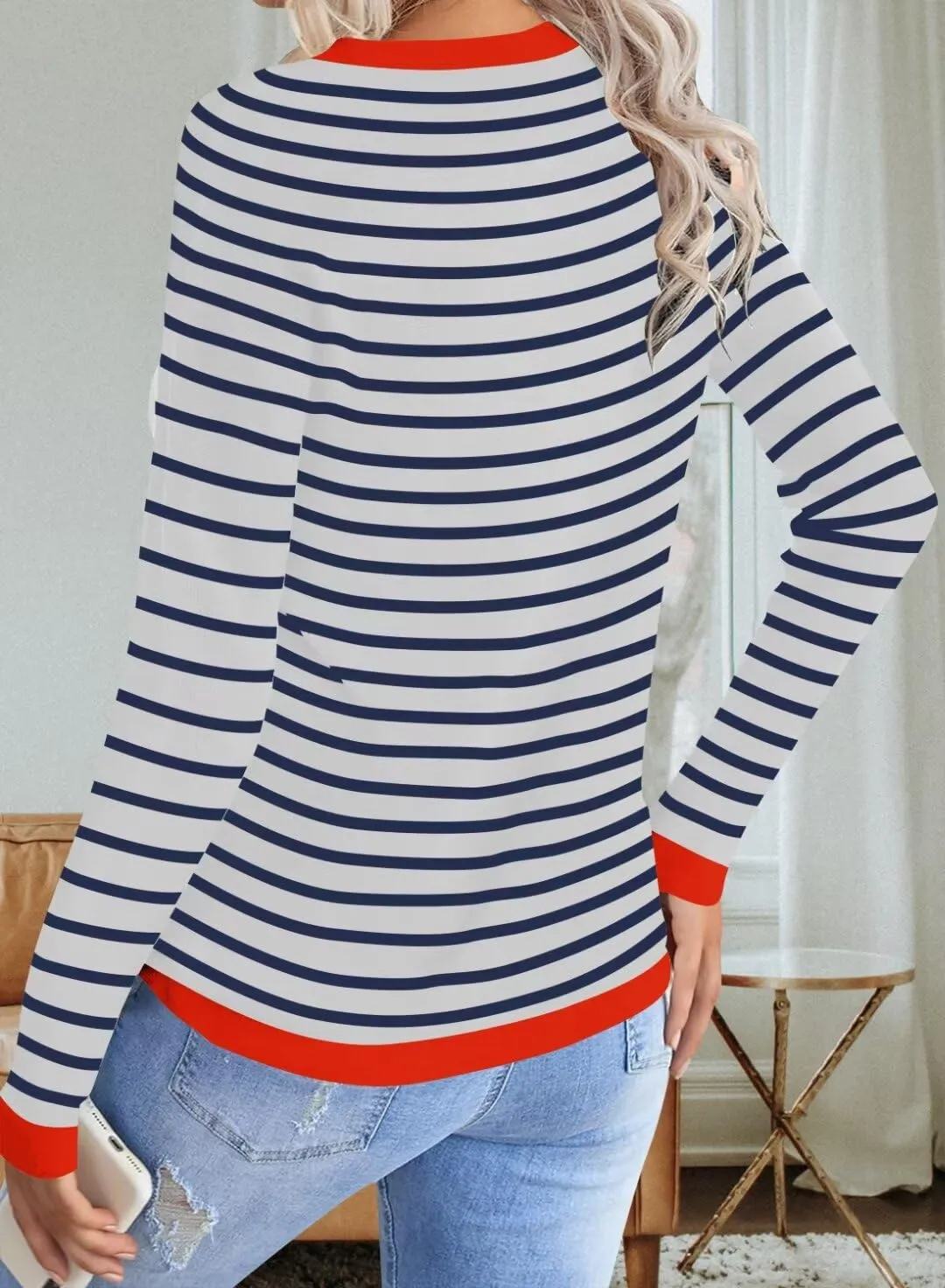 FEKOAFE Women's 2025 Cute Striped Sweaters Crew Neck Long Sleeve Pullover Sweaters for Women