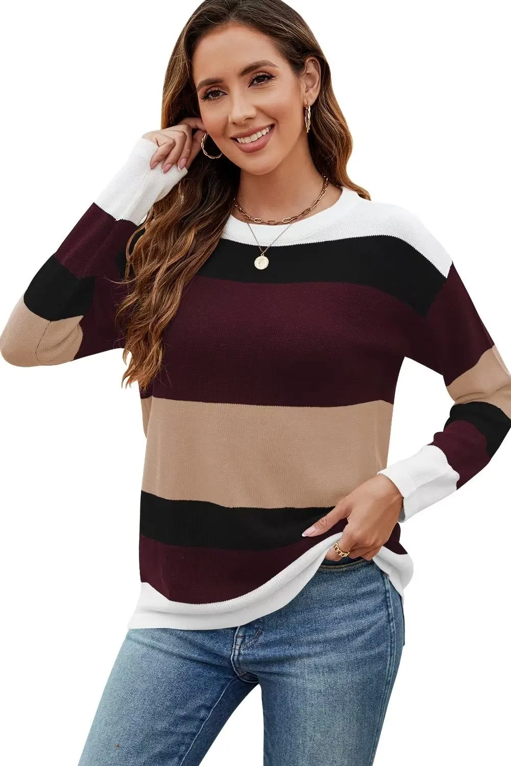 FEKOAFE Women's 2025 Cute Striped Sweaters Crew Neck Long Sleeve Pullover Sweaters for Women