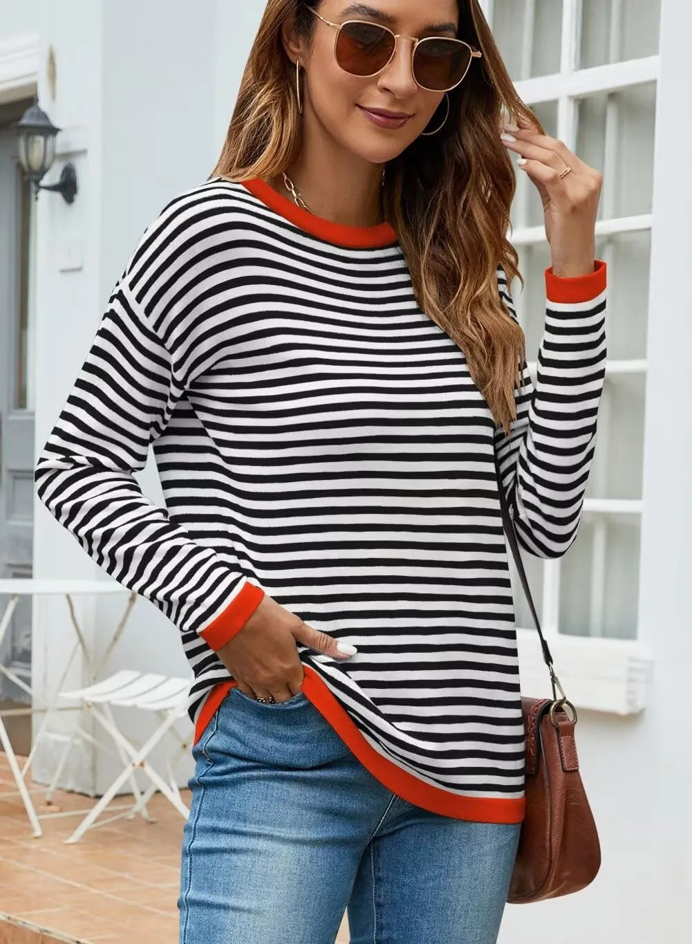 FEKOAFE Women's 2025 Cute Striped Sweaters Crew Neck Long Sleeve Pullover Sweaters for Women