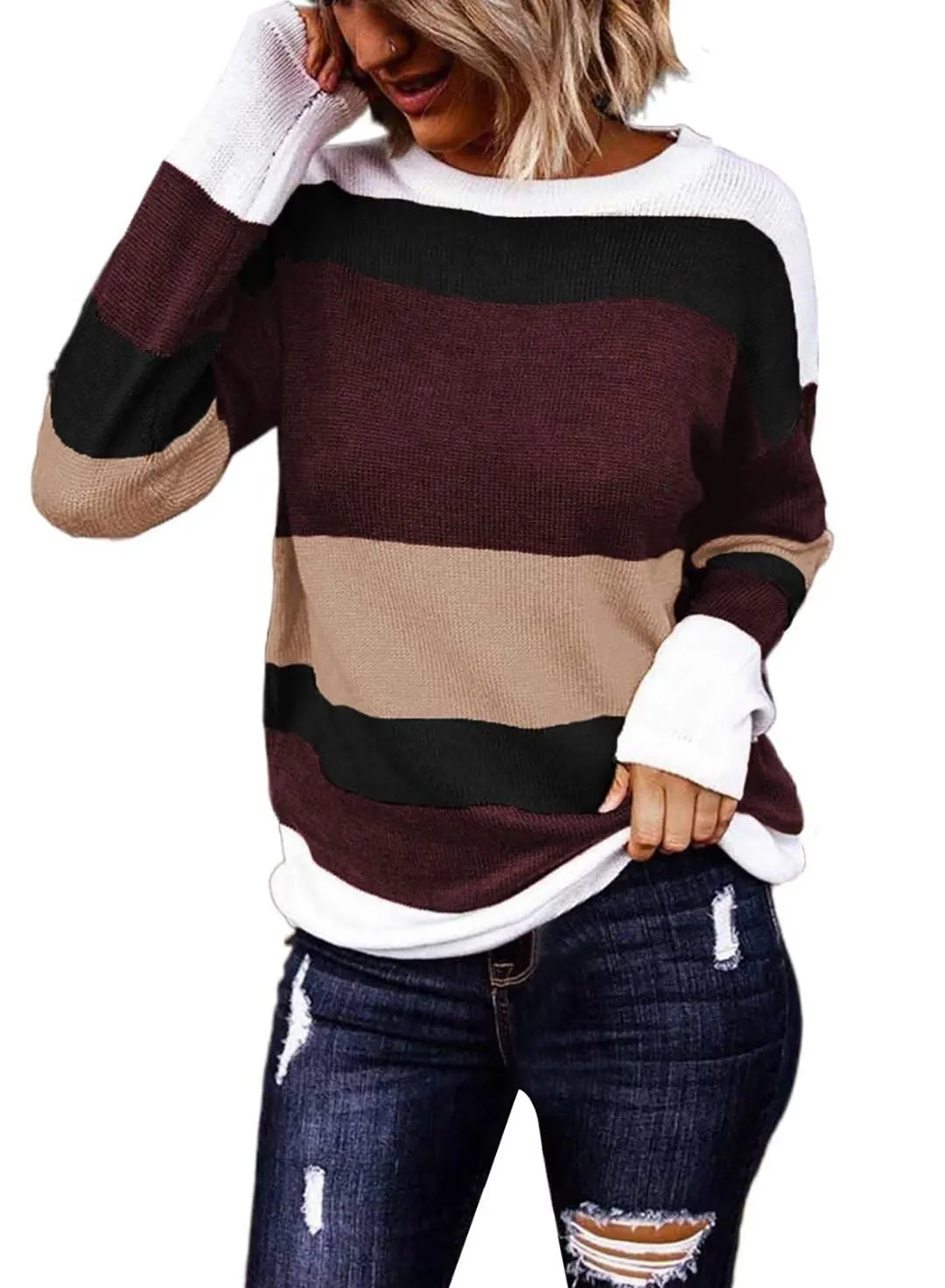 FEKOAFE Women's 2025 Cute Striped Sweaters Crew Neck Long Sleeve Pullover Sweaters for Women