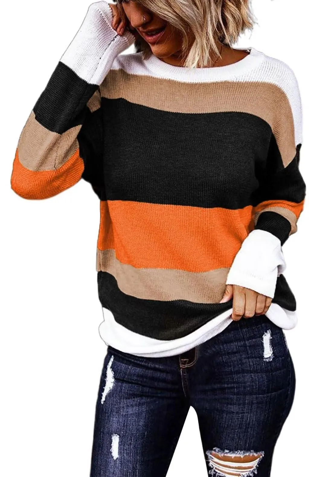 FEKOAFE Women's 2025 Cute Striped Sweaters Crew Neck Long Sleeve Pullover Sweaters for Women