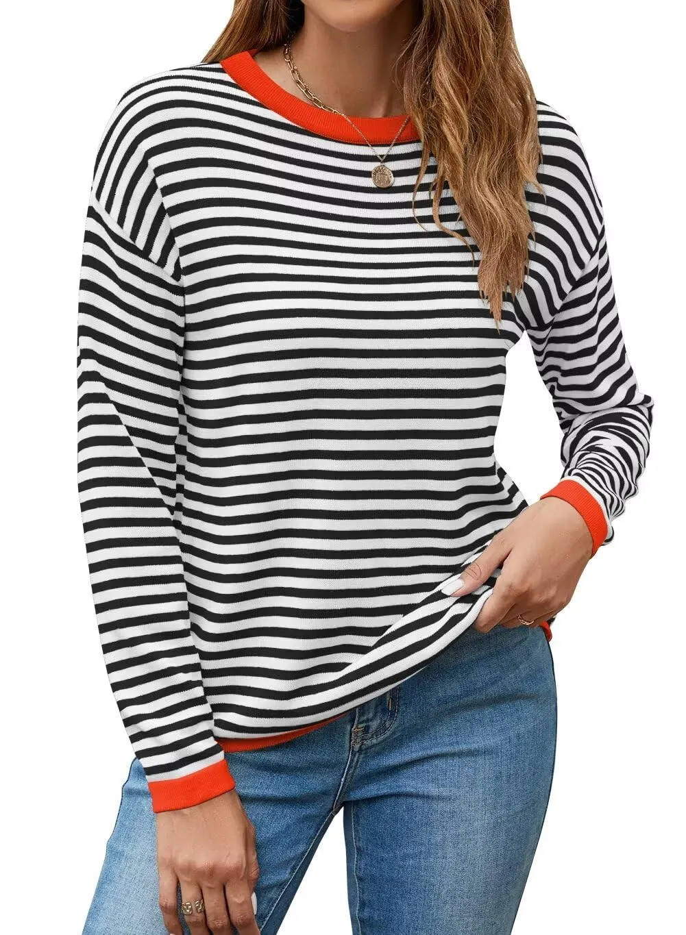 FEKOAFE Women's 2025 Cute Striped Sweaters Crew Neck Long Sleeve Pullover Sweaters for Women