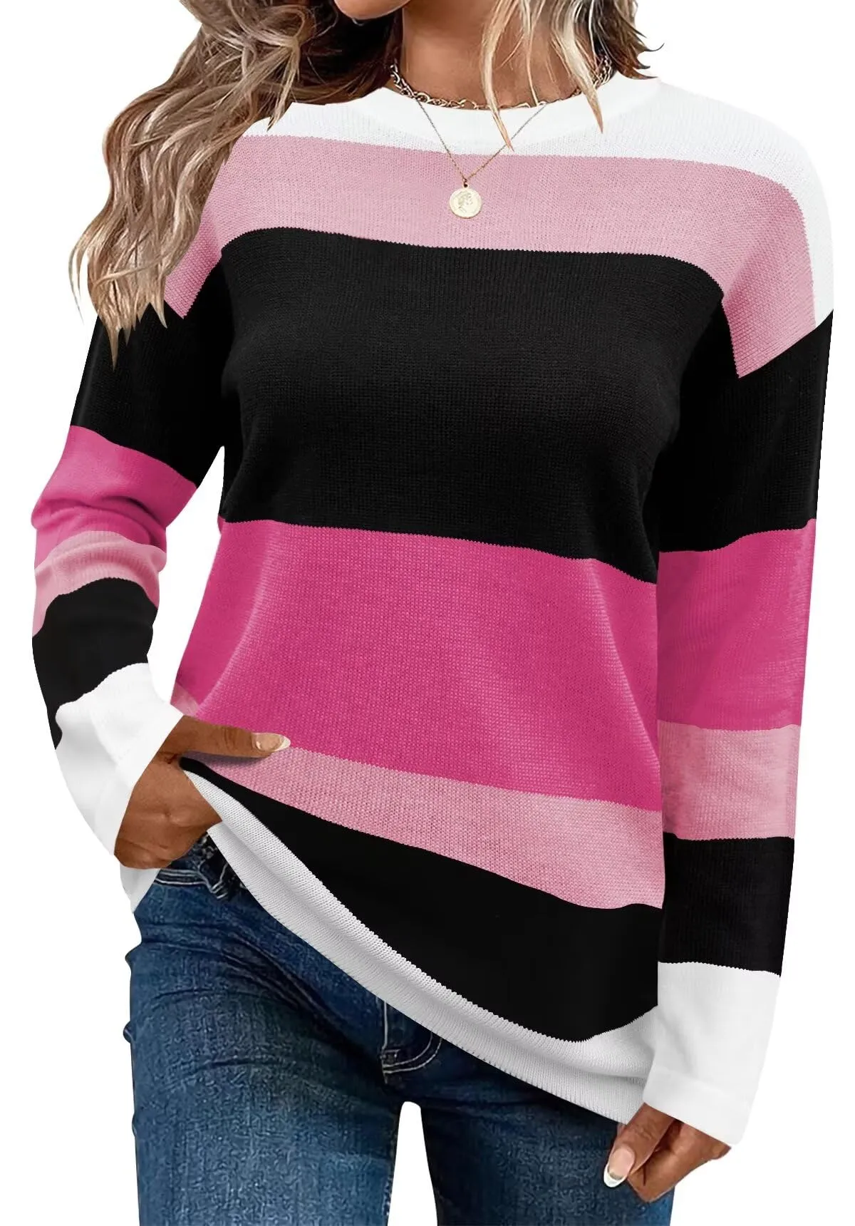 FEKOAFE Women's 2025 Cute Striped Sweaters Crew Neck Long Sleeve Pullover Sweaters for Women