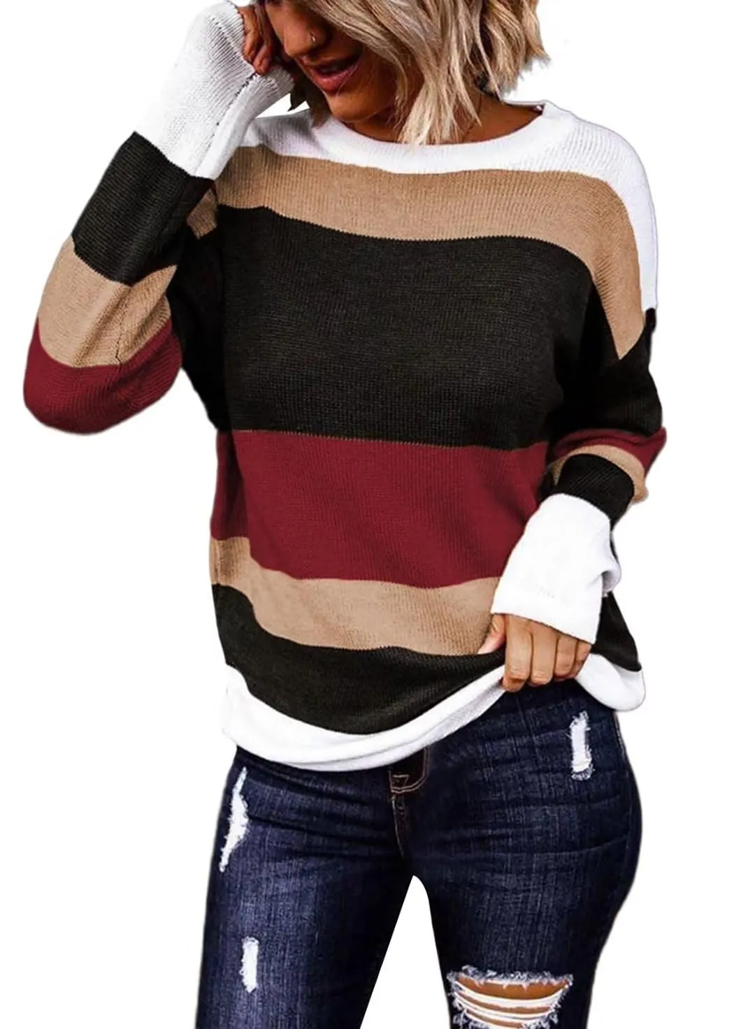 FEKOAFE Women's 2025 Cute Striped Sweaters Crew Neck Long Sleeve Pullover Sweaters for Women