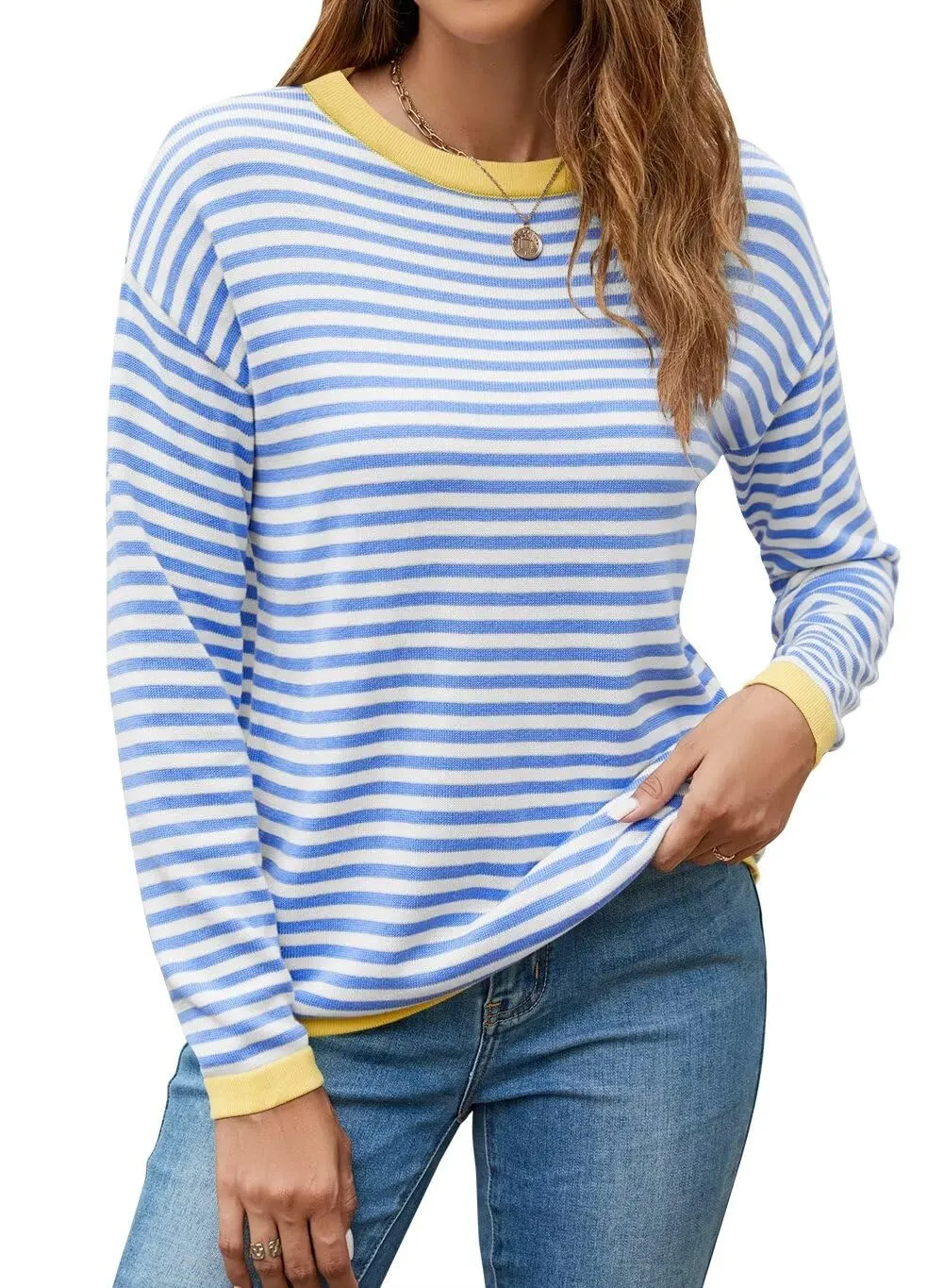 FEKOAFE Women's 2025 Cute Striped Sweaters Crew Neck Long Sleeve Pullover Sweaters for Women