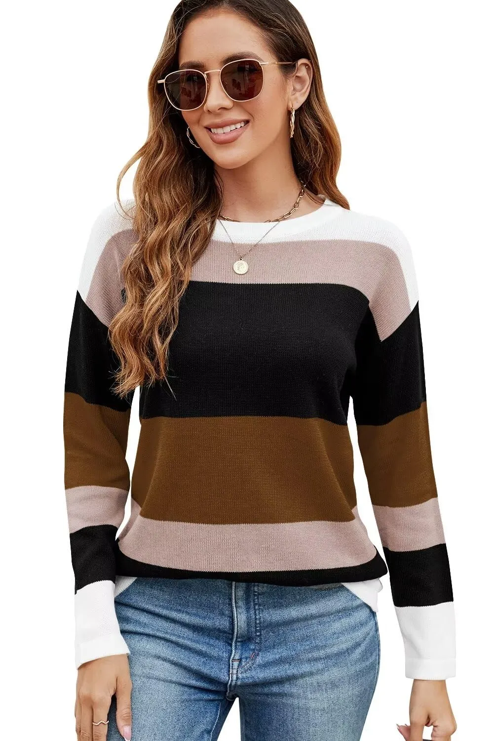 FEKOAFE Women's 2025 Cute Striped Sweaters Crew Neck Long Sleeve Pullover Sweaters for Women