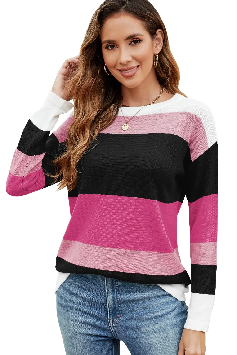 FEKOAFE Women's 2025 Cute Striped Sweaters Crew Neck Long Sleeve Pullover Sweaters for Women