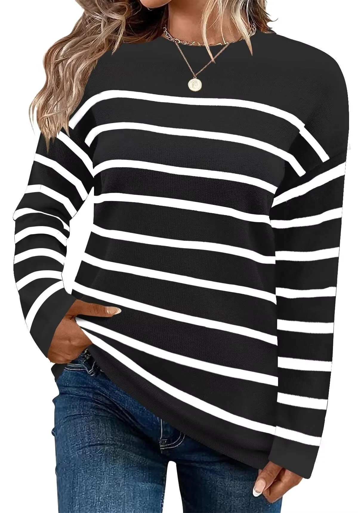 FEKOAFE Women's 2025 Cute Striped Sweaters Crew Neck Long Sleeve Pullover Sweaters for Women