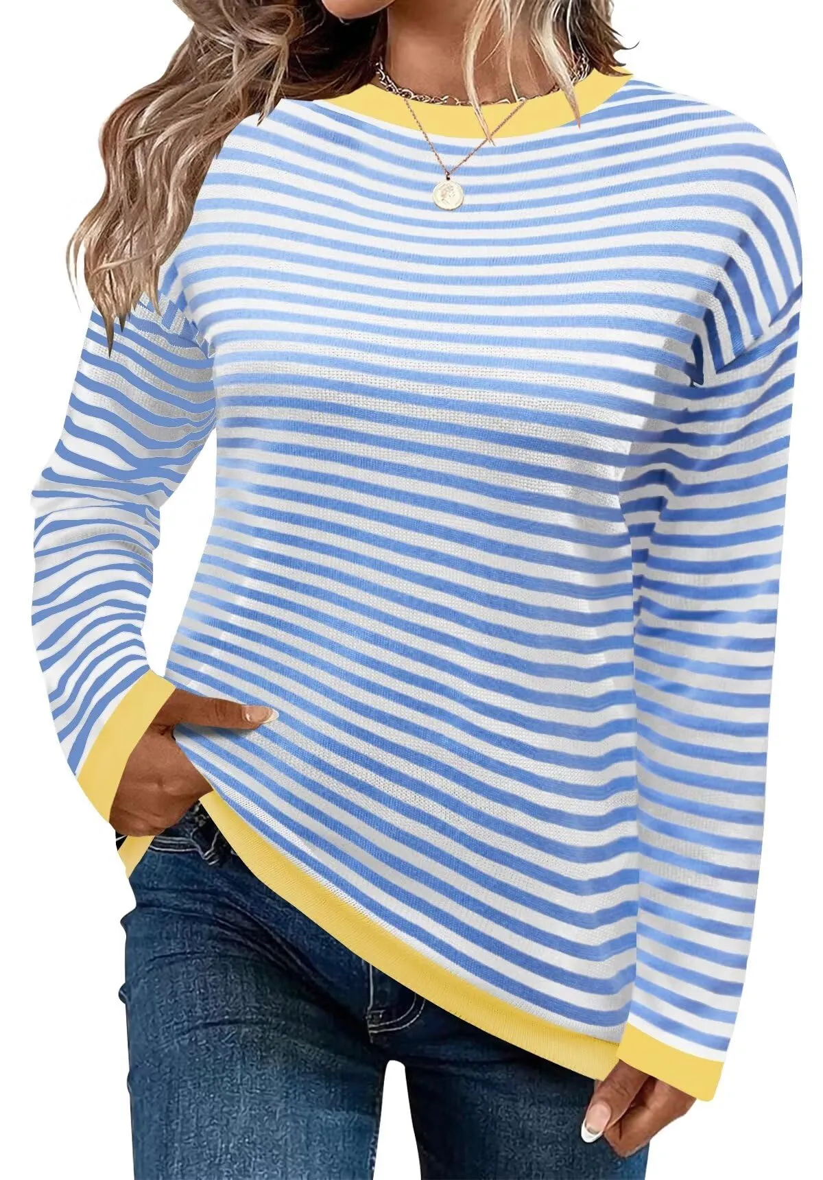 FEKOAFE Women's 2025 Cute Striped Sweaters Crew Neck Long Sleeve Pullover Sweaters for Women