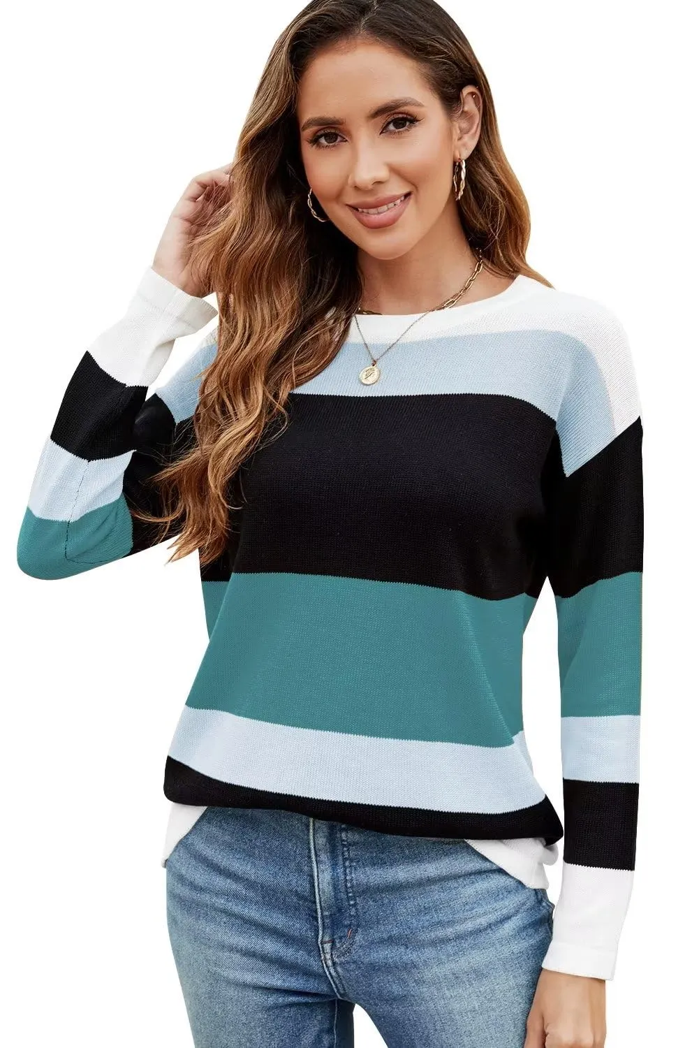 FEKOAFE Women's 2025 Cute Striped Sweaters Crew Neck Long Sleeve Pullover Sweaters for Women