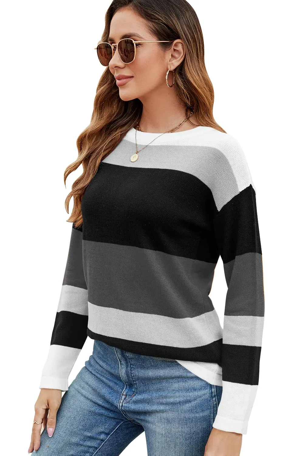 FEKOAFE Women's 2025 Cute Striped Sweaters Crew Neck Long Sleeve Pullover Sweaters for Women