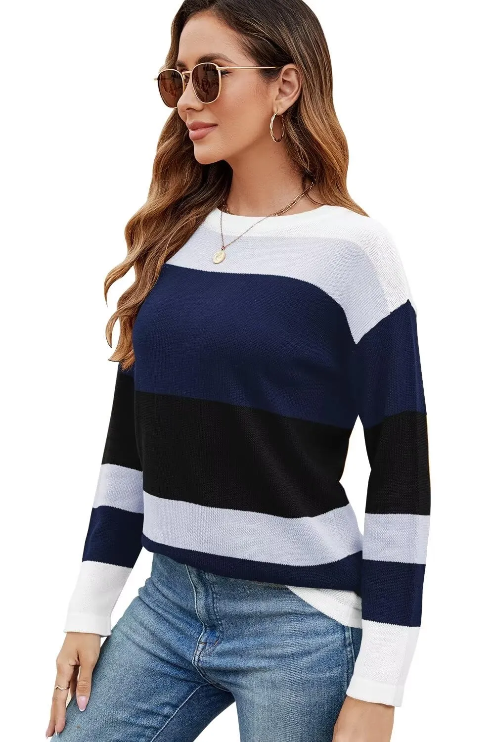 FEKOAFE Women's 2025 Cute Striped Sweaters Crew Neck Long Sleeve Pullover Sweaters for Women